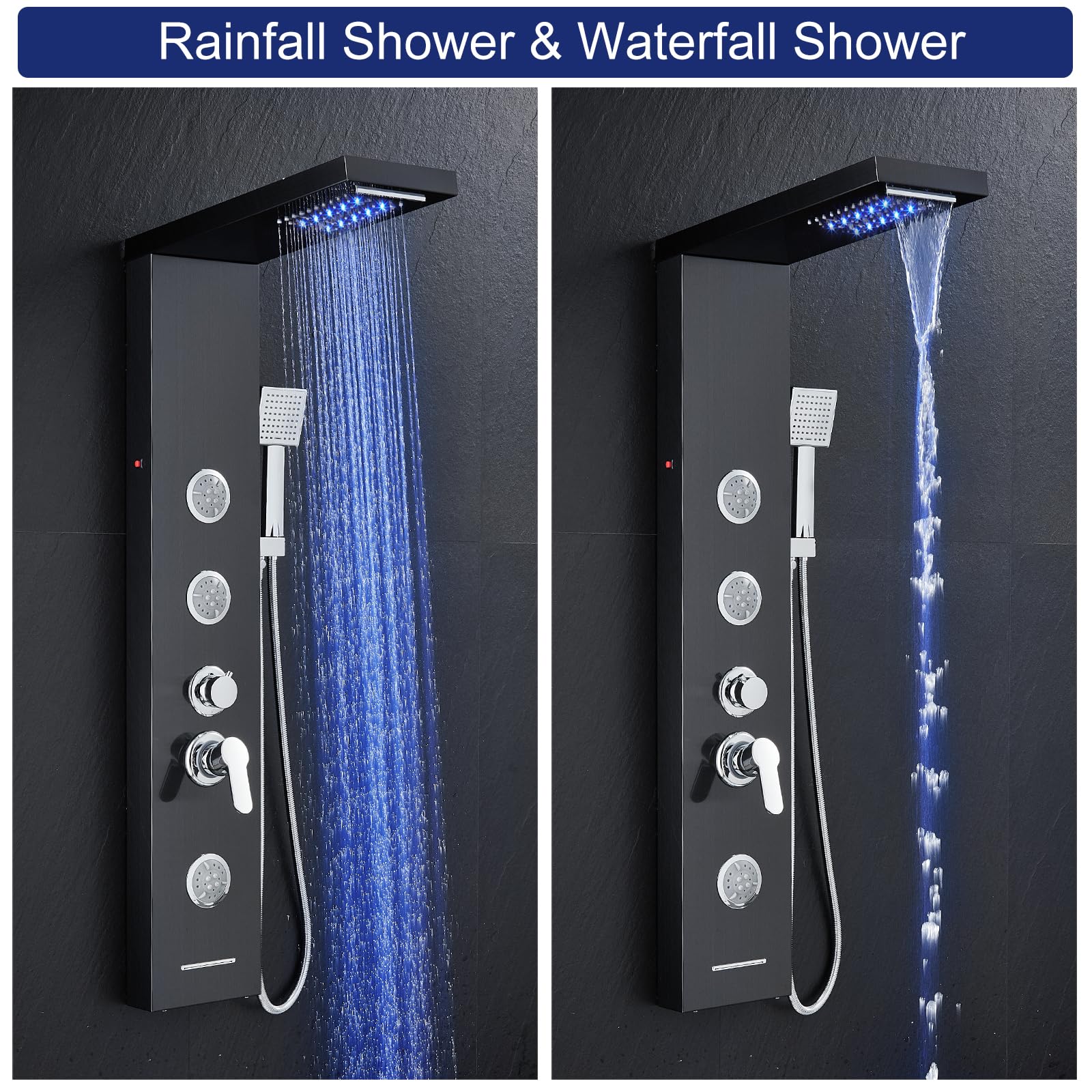 ROVATE 5-in-1 LED Shower Panel Tower System - Black Stainless Steel High Pressure Shower Column with Rainfall Showerhead, Waterfall, Body Jets & Handheld Sprayer + Tub Spout | Perfect for Modern Bathroom Renovation & Spa-Like Shower Experience