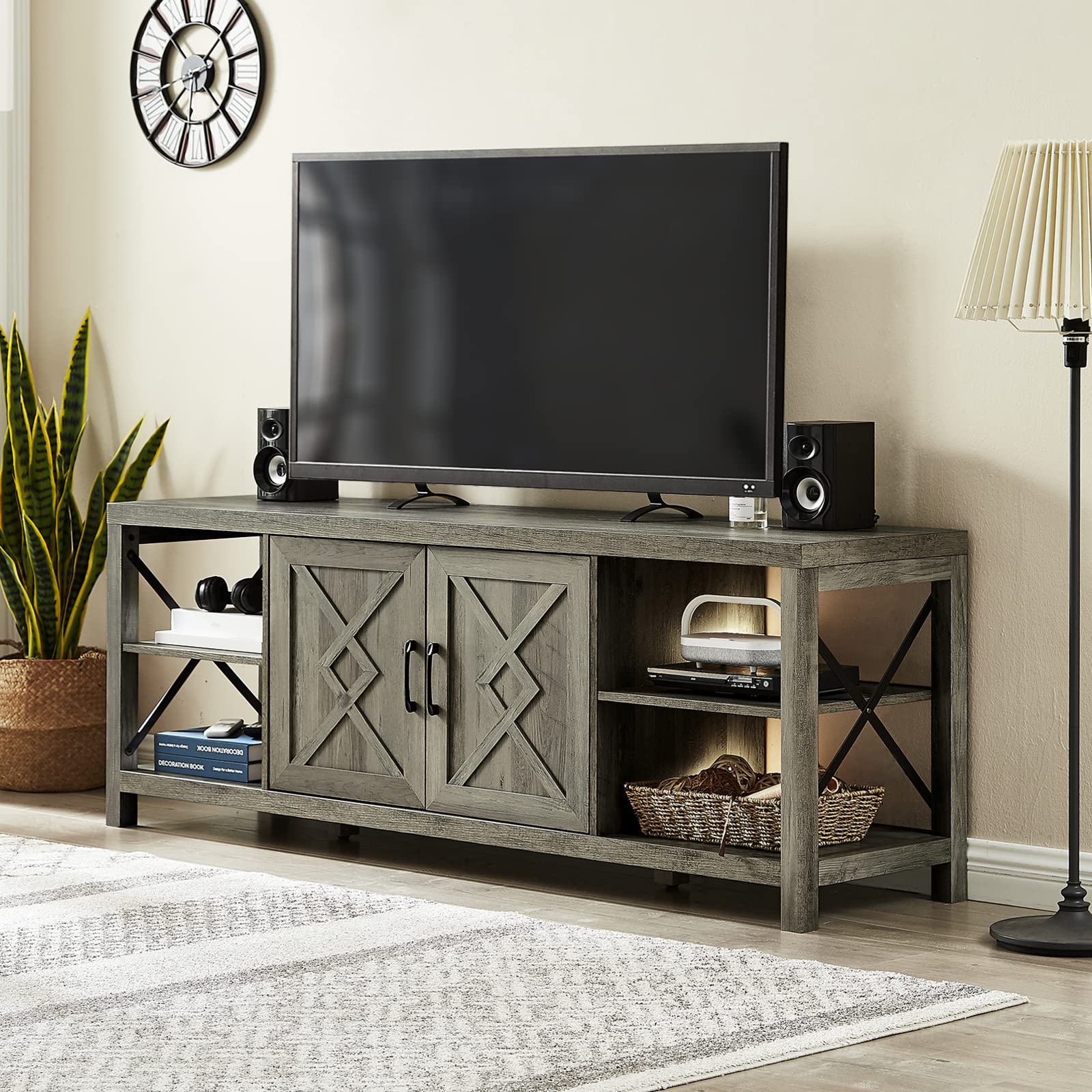 75 Inch TV Stand with Storage - 65 Inch Width Wood Entertainment Center for 65 70 75+ Inch TVs - Soft Closing Door Hinges & Grey Wash Finish - Perfect for Living Room, Bedroom, or Home Theater Setup