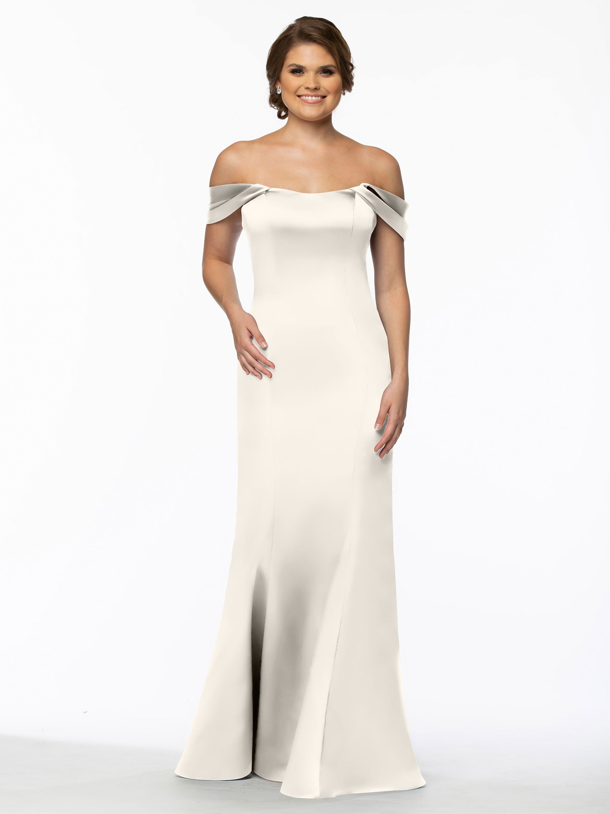 Elegant 80151 Fitted Satin Bridesmaid Dress with Off-The-Shoulder Sleeves - Perfect for Weddings, Formal Events & Special Occasions