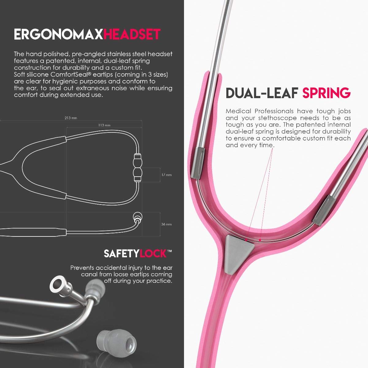 MDF MD One Stainless Steel Stethoscope for Adults - Pink Tube & Silver Chestpiece Headset (MDF77701) | Medical, Nursing, Home Healthcare Equipment
