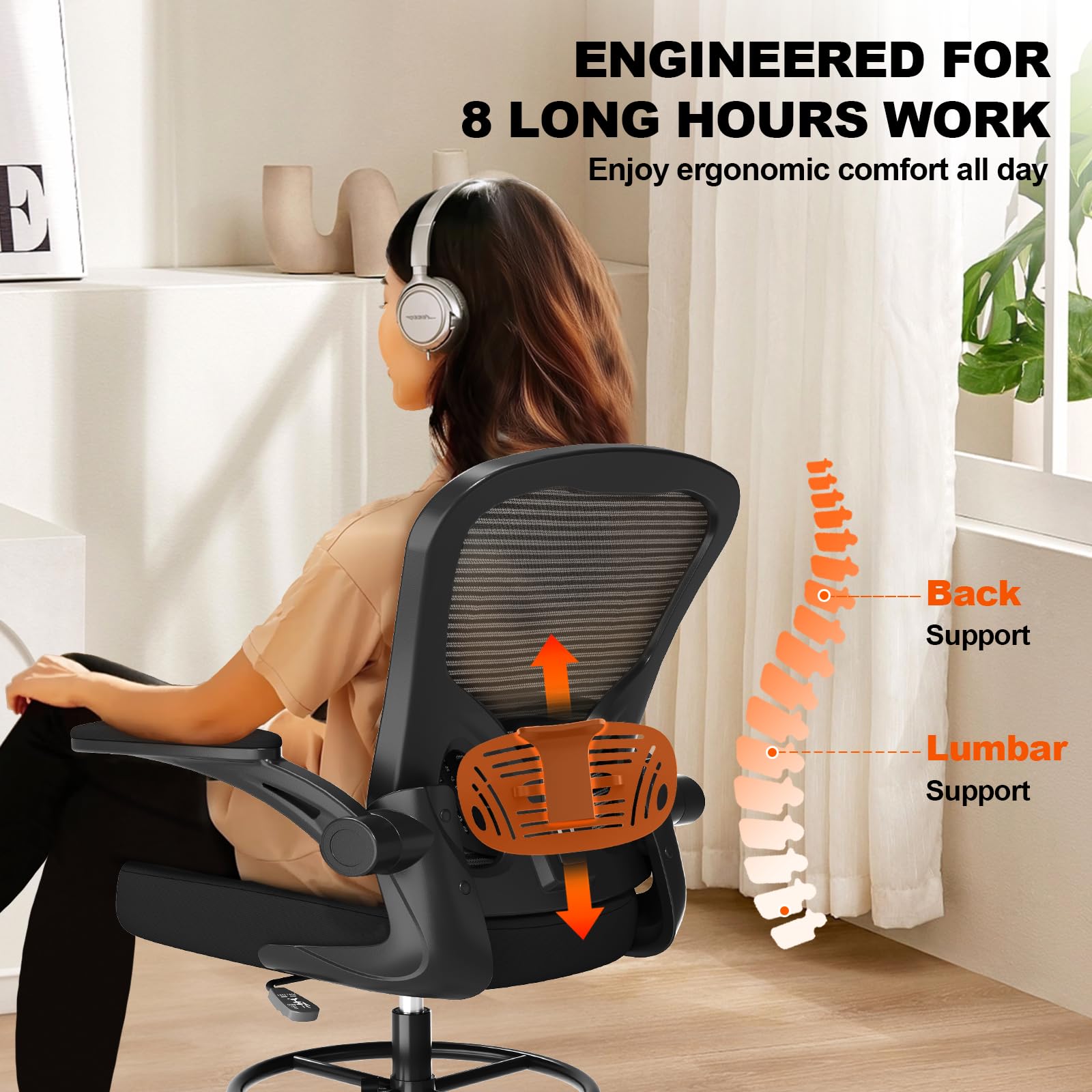 Synorla Ergonomic Drafting Chair - Adjustable Height Office Chair with Flip-Up Armrests, Breathable Mesh Back & Lumbar Support, Footrest Ring for Standing Desks - Perfect for Home Office, Studio & Architectural Workstations