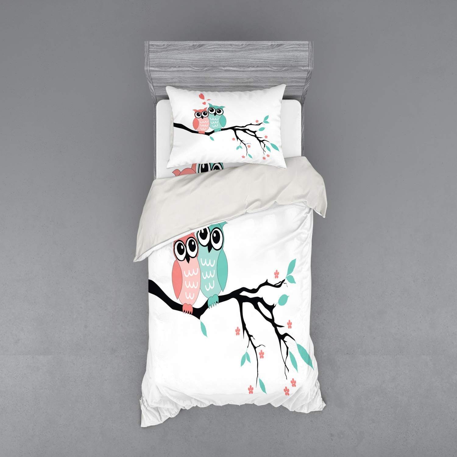 Ambesonne 3-Piece Twin Size Duvet Cover Set - Teal & White Owl Couple Design on Tree Branch, Includes Sham & Fitted Sheet (Turquoise/Coral/Black) | Valentine's Romance Bedding for Couples, Perfect for Master Bedroom or Guest Room Decor