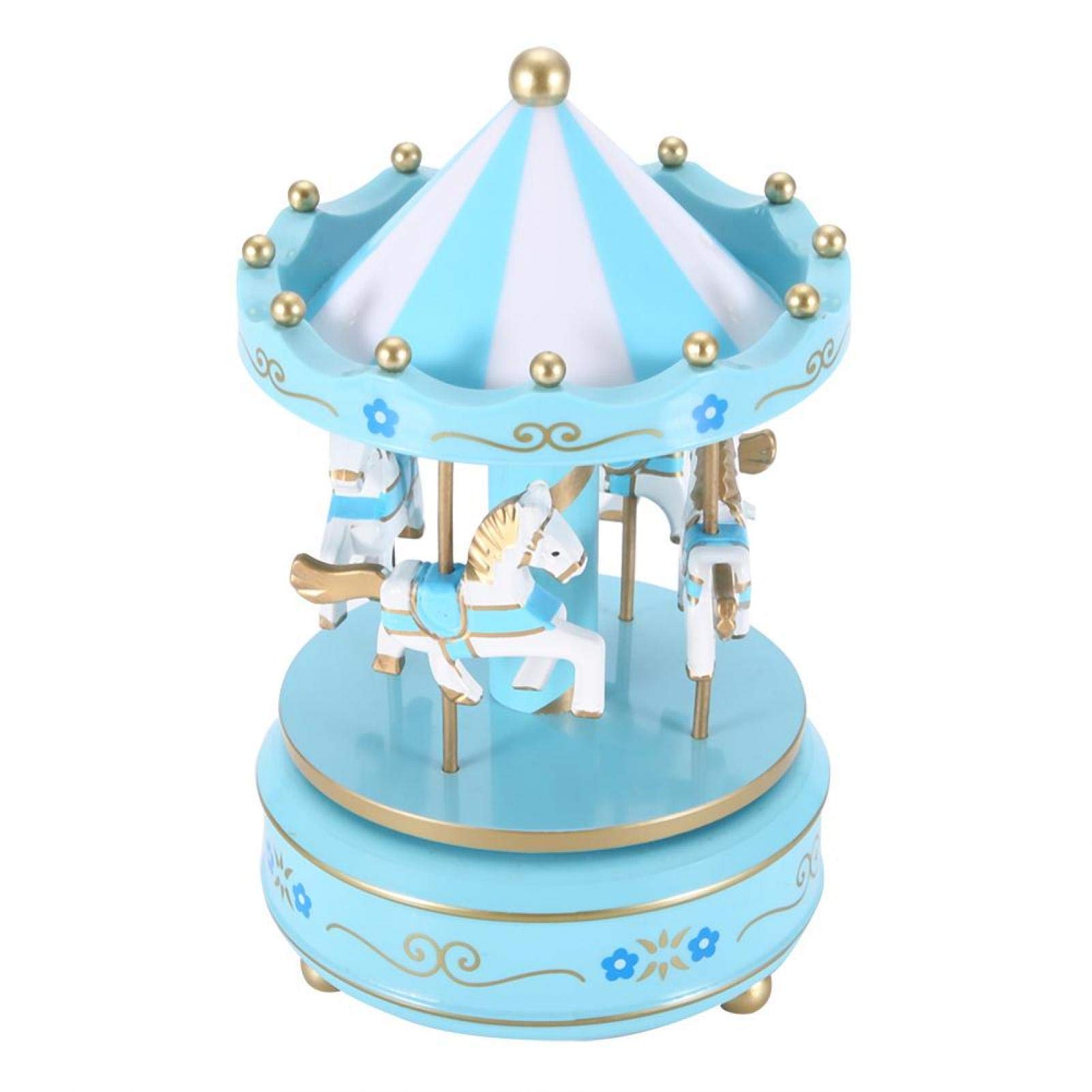 Uxsiya Exquisite 4-Horse Carousel Music Box - Blue Musical Jewelry Box with Hand-Crank Mechanism, Perfect Birthday Gift & Home Decor for Bedroom, Wedding, Baby Shower