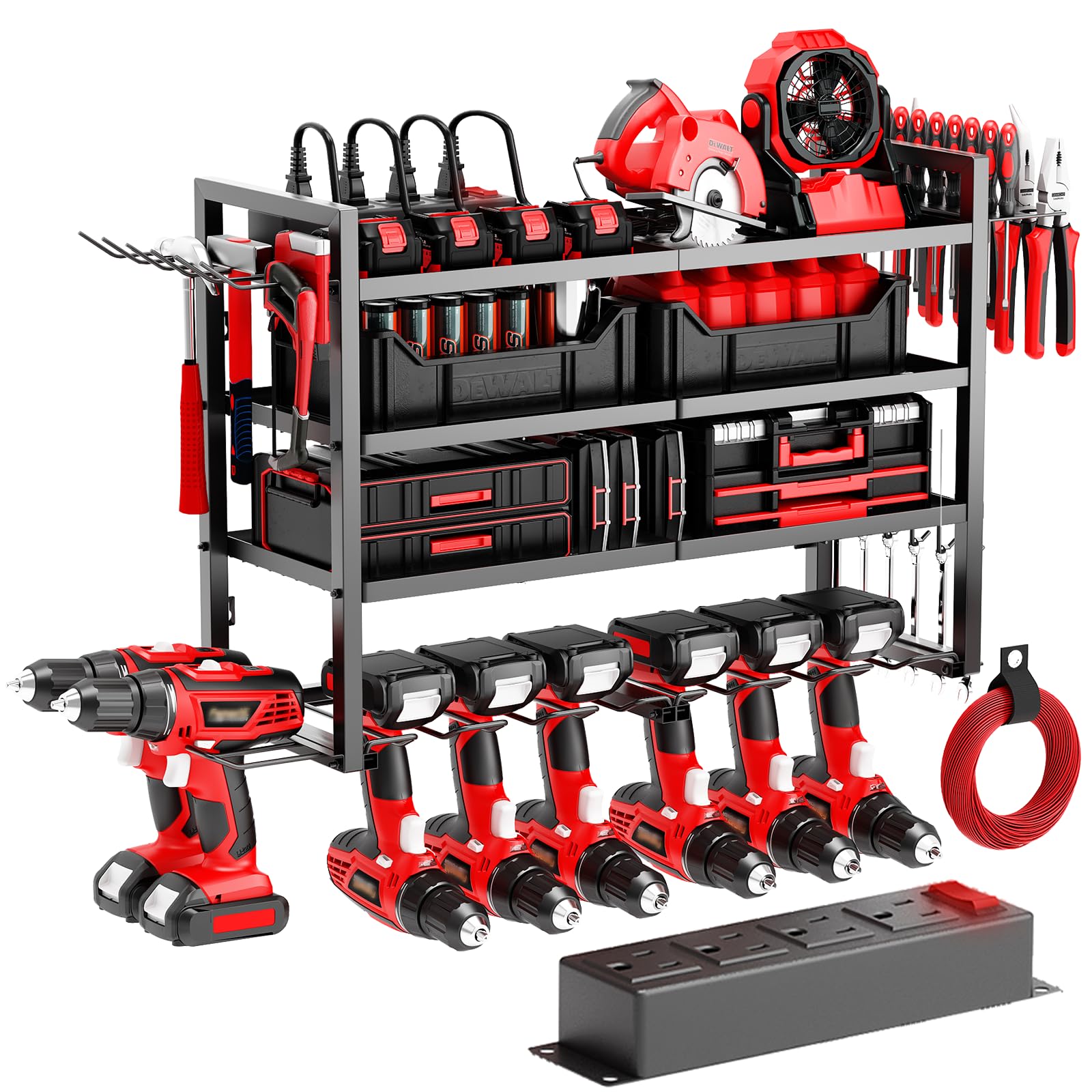 Wall Mount Power Tool Organizer with Charging Station - 8 Drill Holder & 4 Outlet Power Strip - 4 Layer Garage Tool Shelf Rack - Battery Organizer for DIY & Workshop Storage - Perfect for Garage, Workshop & Home Improvement Projects