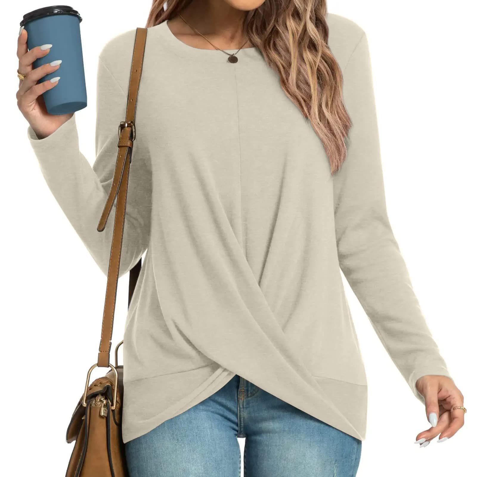XMBPUM Women's Tunic Tops 2023 Long Sleeve Crewneck Shirts - Fall Winter Fashion Blouse with Twist Front Detail for Leggings | Casual Workwear & Weekend Outfits