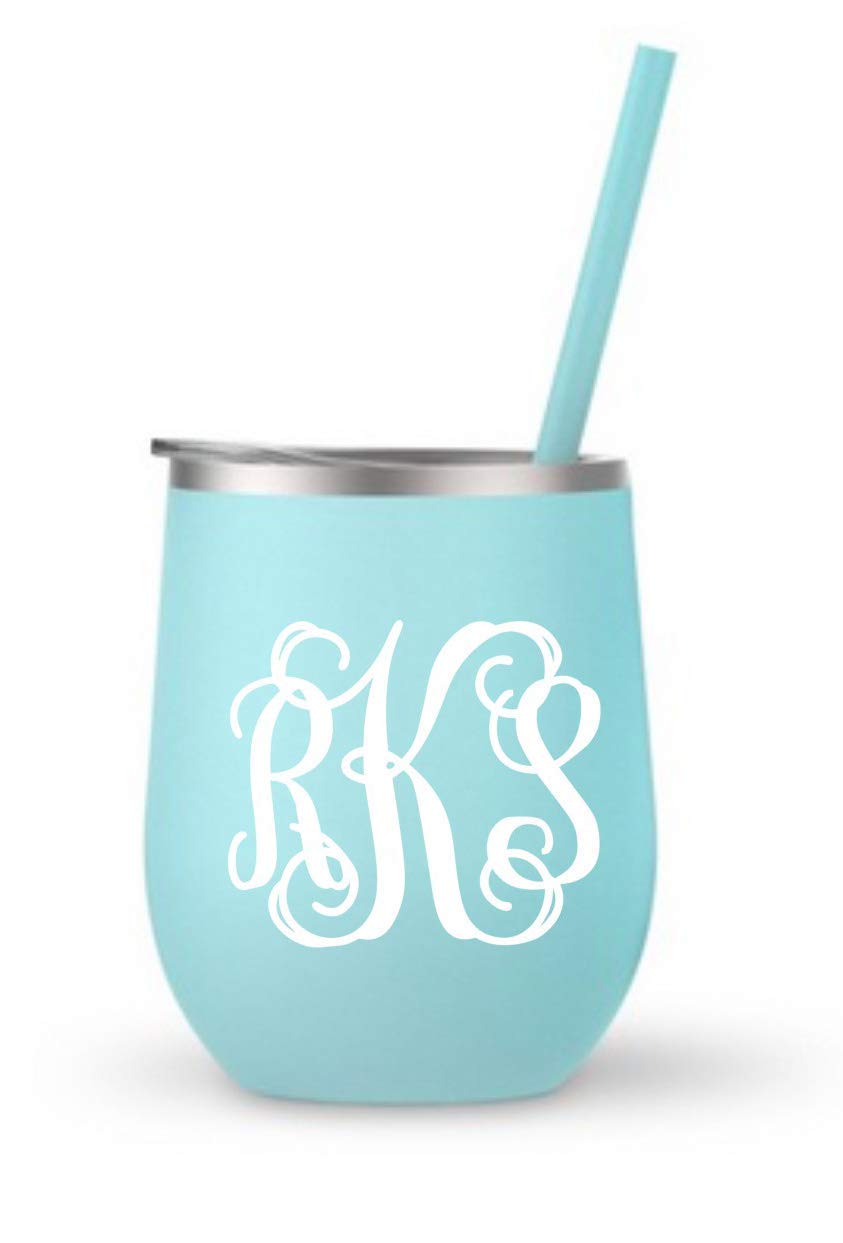 Personalized Seafoam Green Stemless Wine Tumbler with Elegant Scroll Monogram - 20oz Stainless Steel Insulated Cup for Wine Lovers, Perfect for Parties, Weddings & Outdoor Gatherings