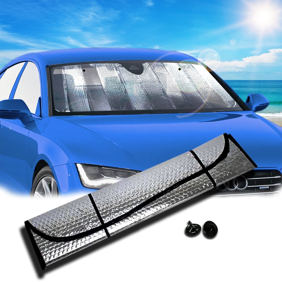 Premium Silver Accordion Sunshade Car Windshield Sun Shade Reflector - UV Protection & Heat Reduction for Cars, Trucks, SUVs - Foldable & Compact Design for Easy Storage | Perfect for Summer, Road Trips & Parking Outdoors