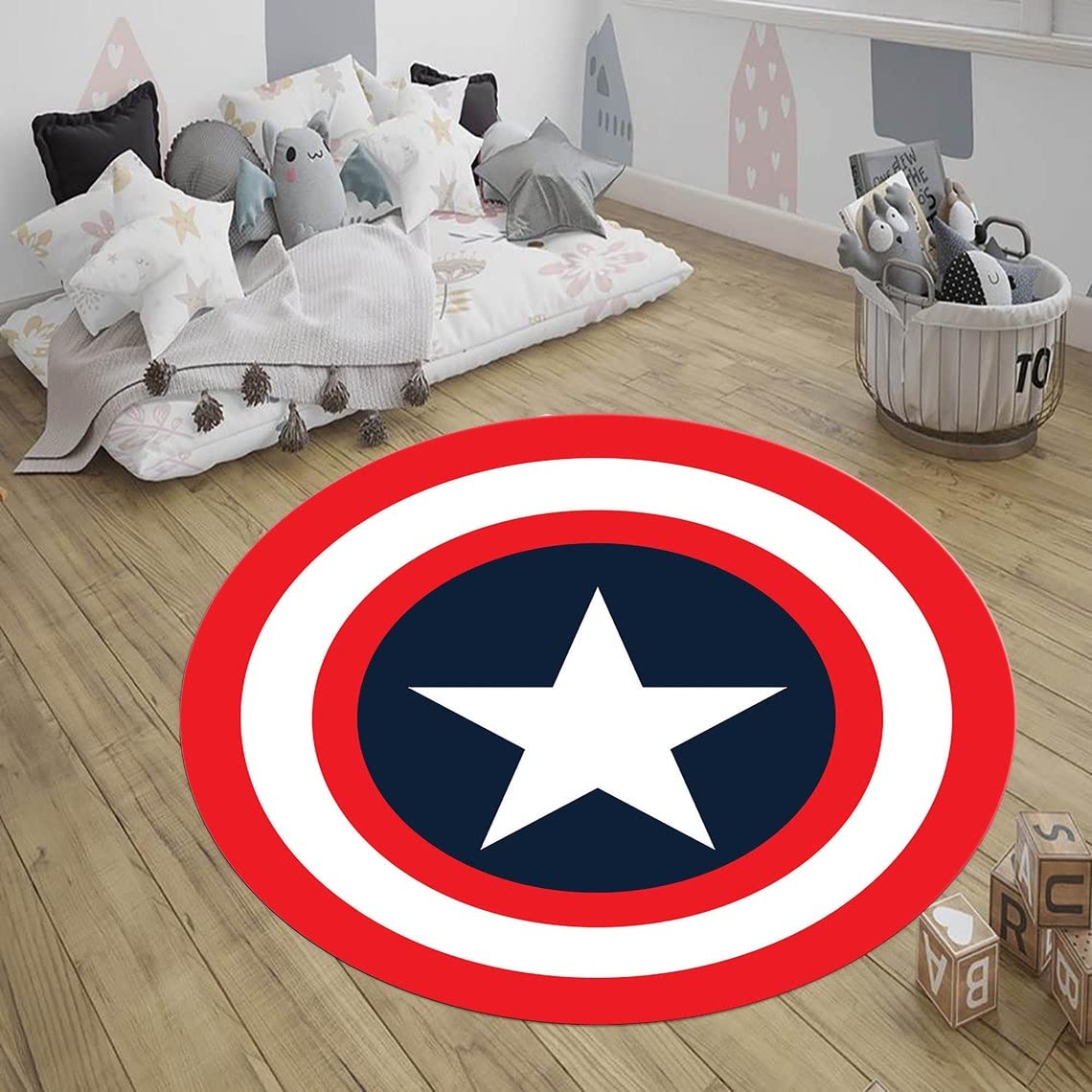 Non-Slip Captain America Themed Round Rug for Kids Room - 5.9 Feet (180cm) Superhero Playroom Carpet, Nursery Decor, Birthday Gift for Boys & Girls - Soft & Durable Floor Mat for Bedroom, Play Area, and Home Decor