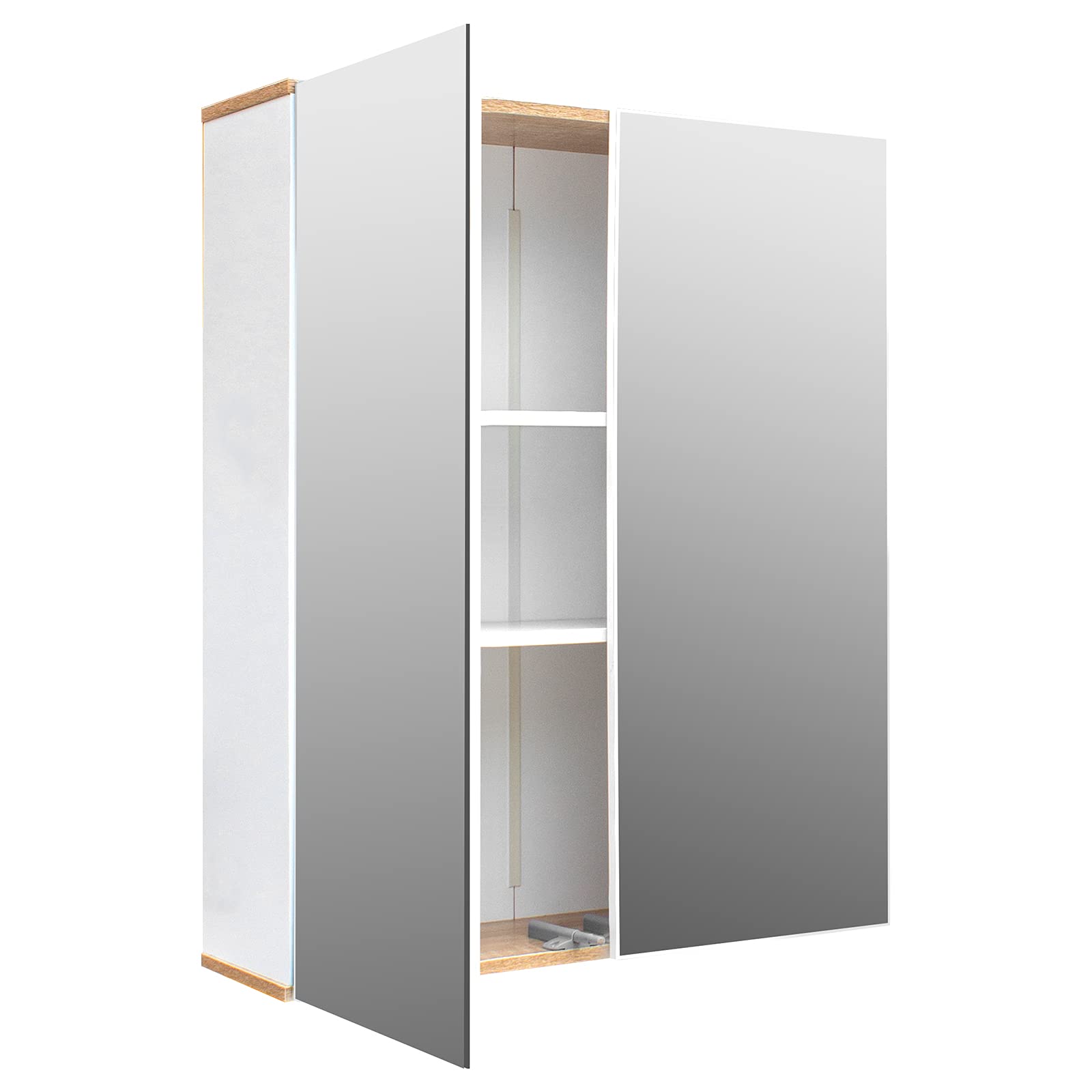 White & Log Color FCH MDF Bathroom Wall Cabinet with Double Mirror Doors - Perfect for Small Bathrooms, Vanity Storage & Modern Home Decor