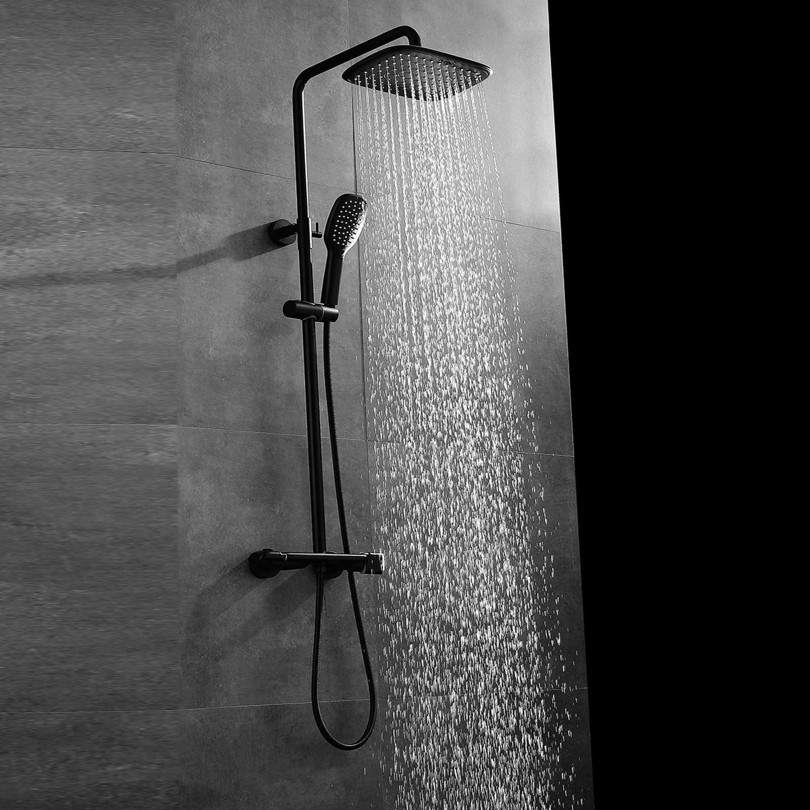 Premium Matte Black Exposed Shower System with Thermostatic Brass Valve - Adjustable 10