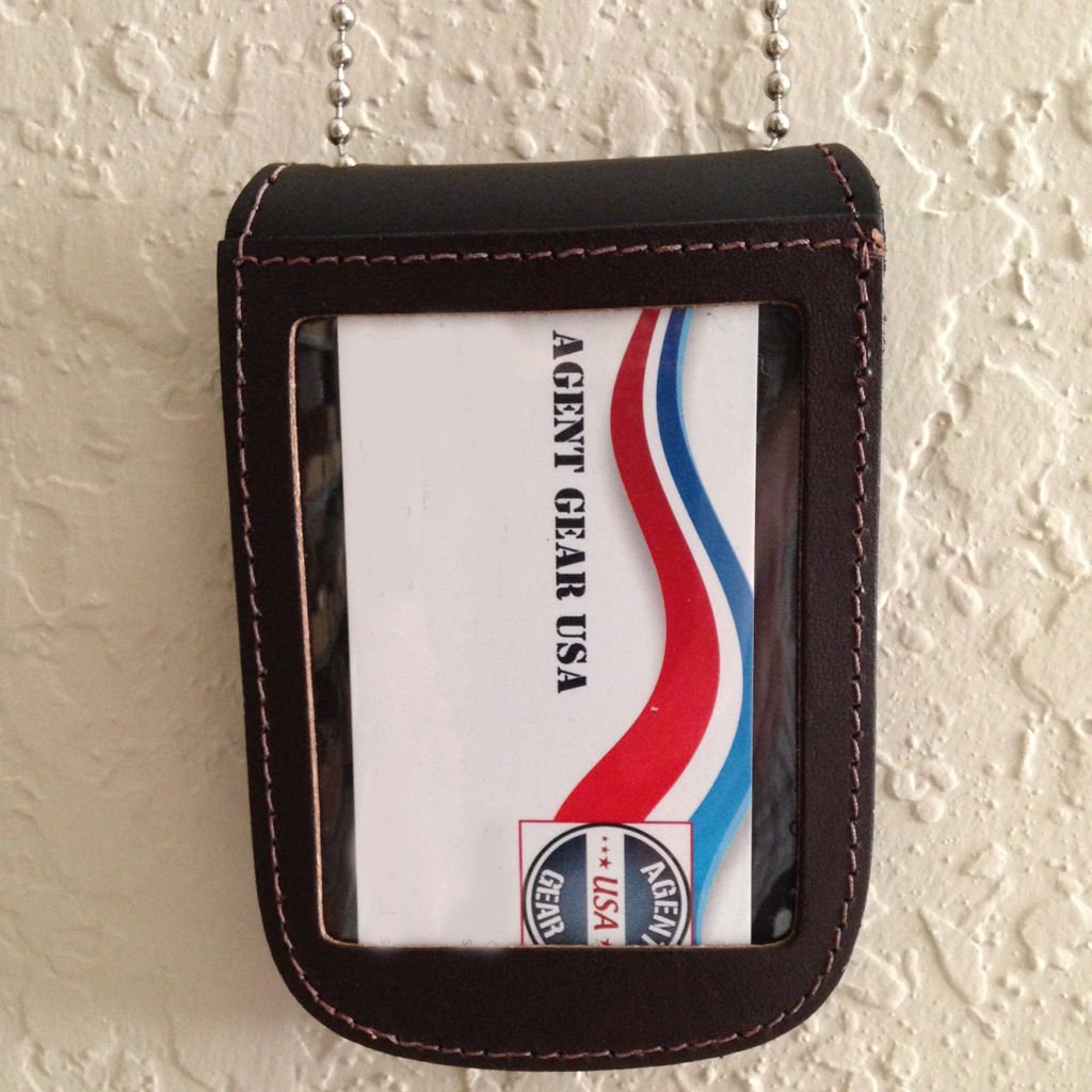 Universal Leather Neck Chain Badge & ID Holder - Dark Brown - Adjustable Lanyard for Work, School & Security - Perfect Fit USA - Office, Hospital & Event Use