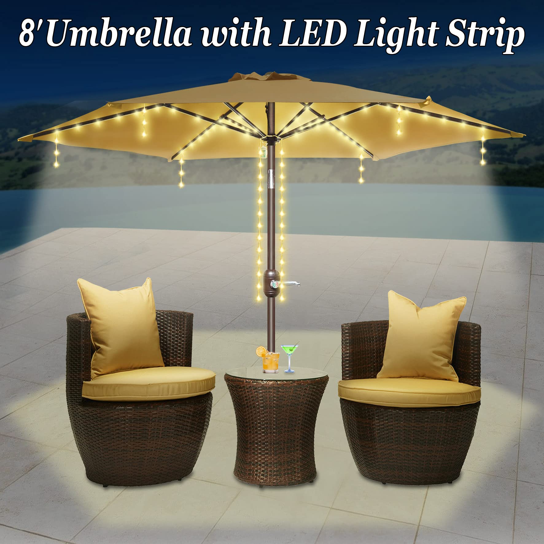8 ft Outdoor Patio Umbrella with Push Button Tilt & Crank - 104 LED String Lights with Remote (8 Lighting Modes) - Battery Powered Tan Market Umbrella for Poolside, Backyard, Garden & Outdoor Dining