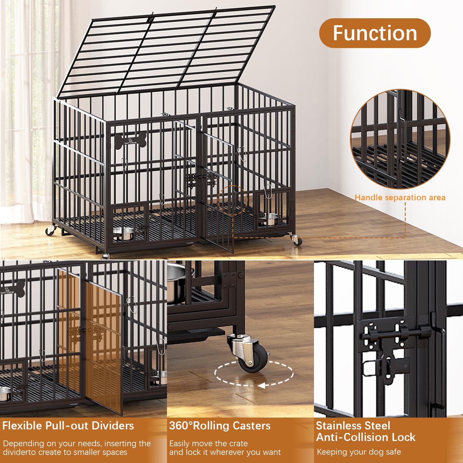 aboxoo 48/42 Inch XL Heavy Duty Metal Dog Crate - Indoor Kennel for Large Dogs or Double Medium Dogs | Open Top Design with Wheels, Floor Grid, Removable Tray, Divider & Feeding Bowl | Perfect for Home, Travel & Vet Visits