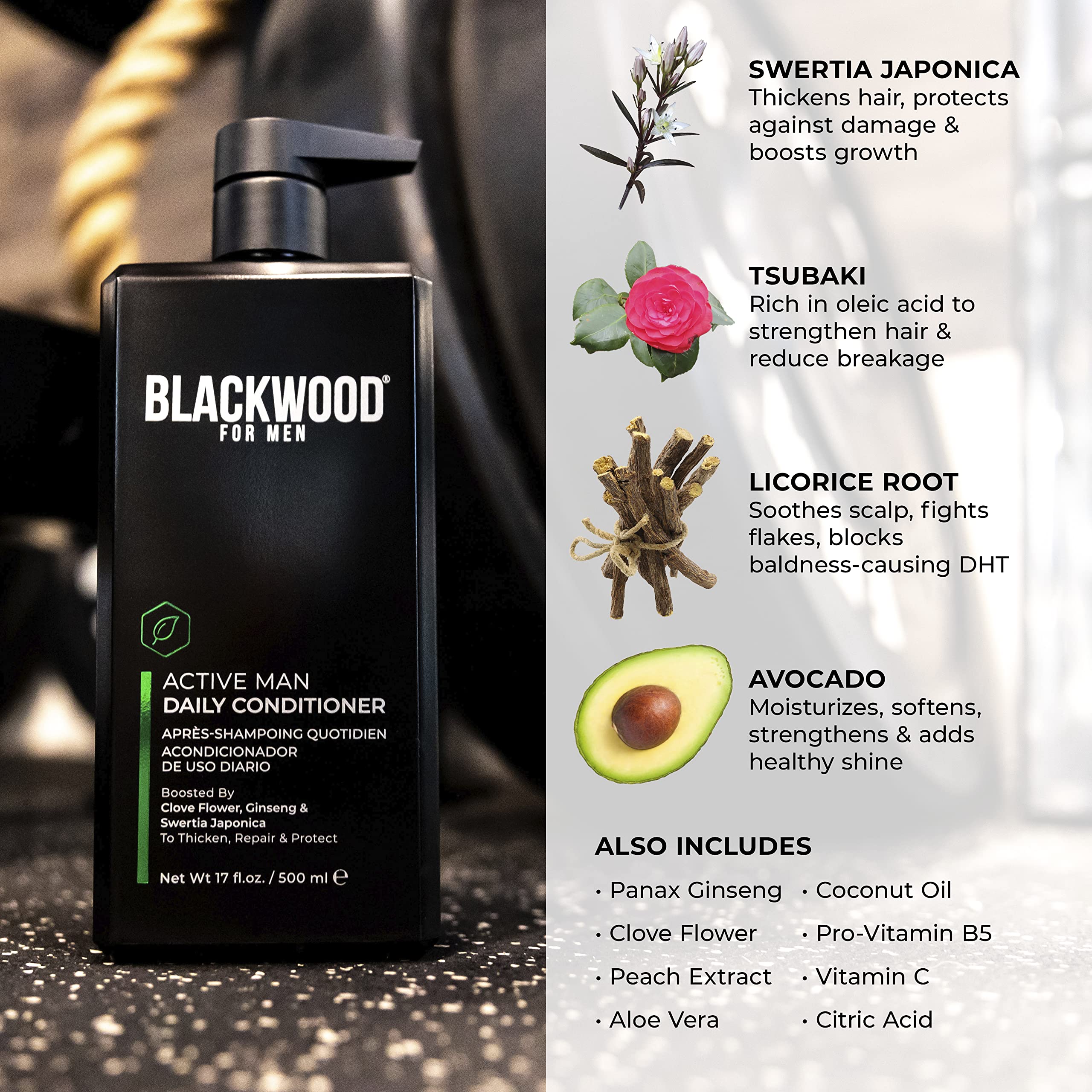 Blackwood For Men Active Daily Shampoo & Conditioner Set (17 Oz Each) with Pure Moisture Body Wash - 3-in-1 Grooming Kit for Gym, Work & Travel
