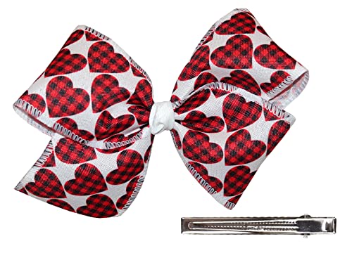 WD2U 6 Inch Valentine's Day Red Buffalo Plaid Heart Hair Bow Clip Barrette - Alligator Hair Clip with Teeth for Girls, Women - Perfect for Valentine's Gifts, School, Parties & Photo Shoots
