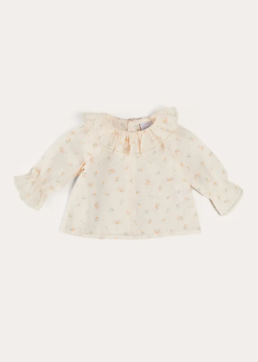 Esme Floral Ruffle Collar Long Sleeve Blouse for Baby Girls 12 Months - White Lace Top for Special Occasions & Photoshoots