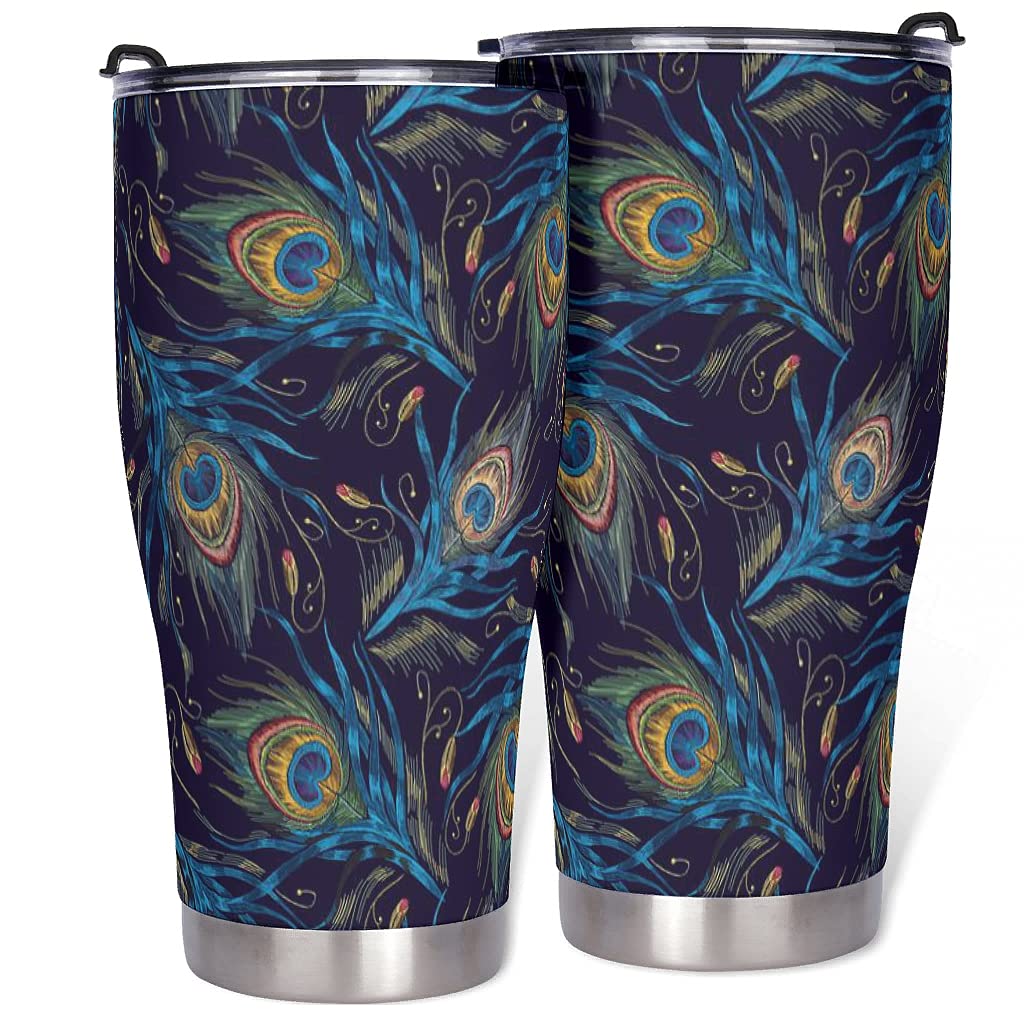 30 oz Stainless Steel Tumbler with Peacock Feather Design - Double Wall Vacuum Insulated Travel Mug with Lid - Leakproof Coffee Cup & Water Bottle for Women & Men - Ideal for Office, Gym, Hiking & Outdoor Activities - 900ml (30oz) White