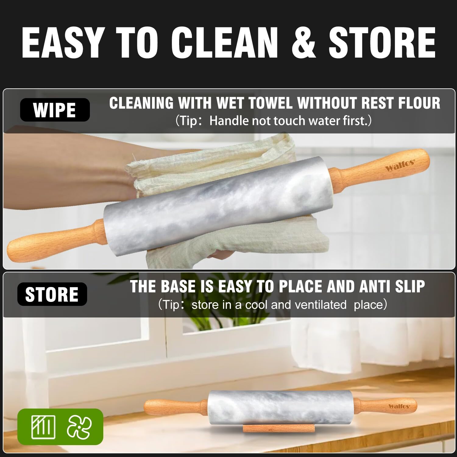Walfos 16.5 Inch Marble Rolling Pin with Wooden Handles & Wood Cradle - Premium Gray & White Dough Roller for Pizza, Tortillas, Pie Crust, Cookies & Pasta - Perfect for Home Baking and Professional Kitchen Use
