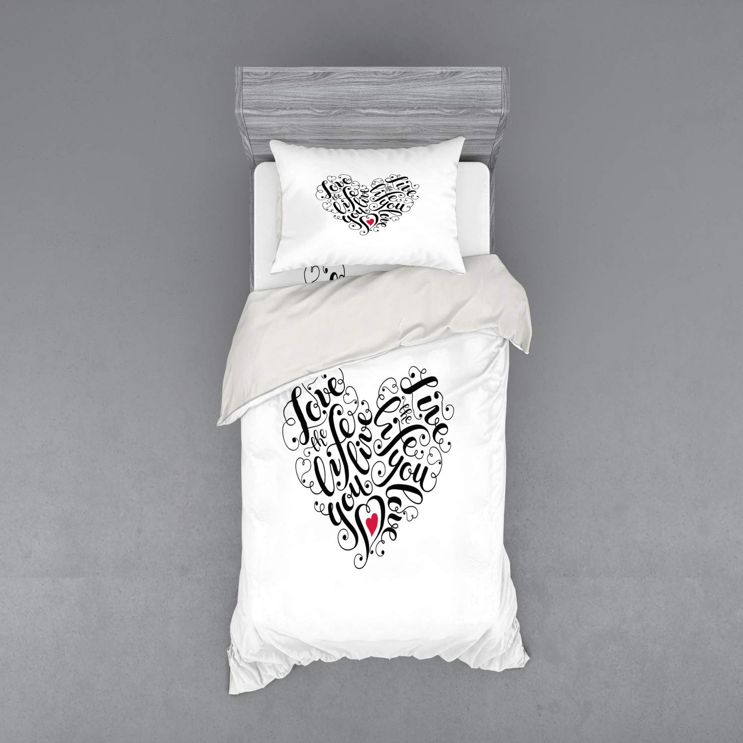 Ambesonne Love Bedding Set - Heart Shaped Words Positive Vibes 3-Piece Duvet Cover with Sham & Fitted Sheet, Twin XL Size, Dark Coral White Black - Perfect for Valentine's Day, Romantic Bedroom Decor & Couples Gift