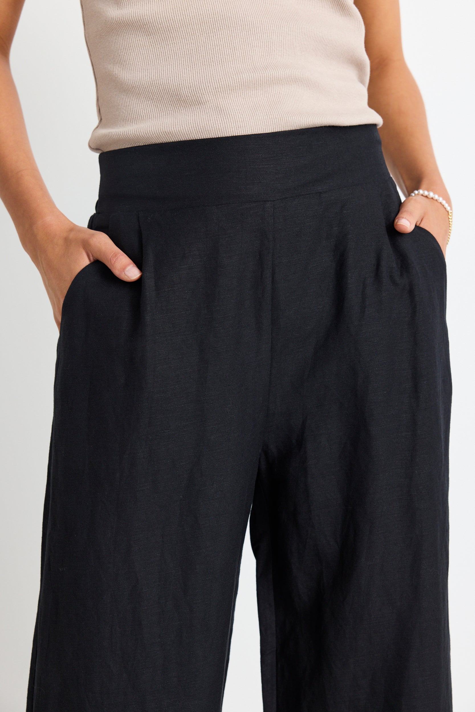 Guardian Black Linen Viscose Elastic Waist Pants for Women - Comfortable Stretch Pull-On Trousers for Work, Travel & Casual Wear