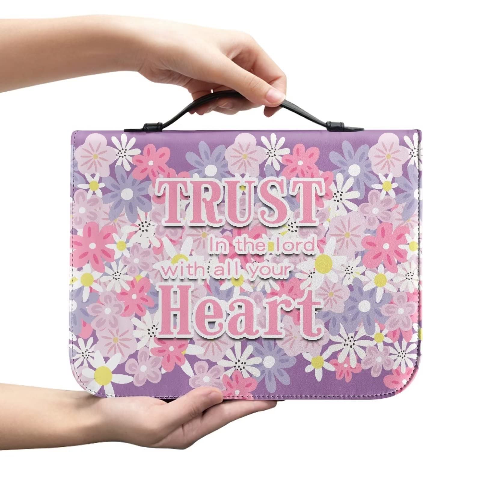 Butterfly Print Bible Cover - PU Leather Church Bag with Zipper Pocket for Men & Women | Trust in The Lord | Perfect for Church & Travel, Purple, M