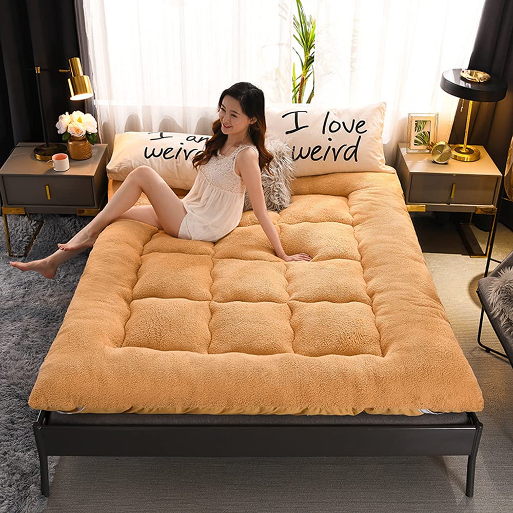 Soft Japanese Futon Mattress - Plush Foldable Floor Mattress with Non-Slip Quilting | Portable Tatami Sleeping Pad for Kids & Adults | Camel Color Queen Size | Perfect for Guest Beds, Camping & Small Spaces