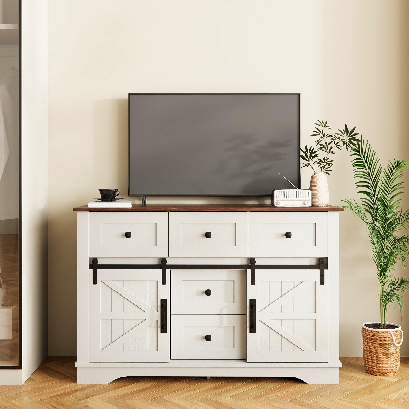 Farmhouse Sideboard Buffet Cabinet with Storage - Large Kitchen Cabinet with Sliding Barn Doors, 5 Drawers & Adjustable Shelves - White Coffee Bar Table for Dining Room - Perfect for Rustic Home Decor, Kitchen Organization & Entertaining Guests