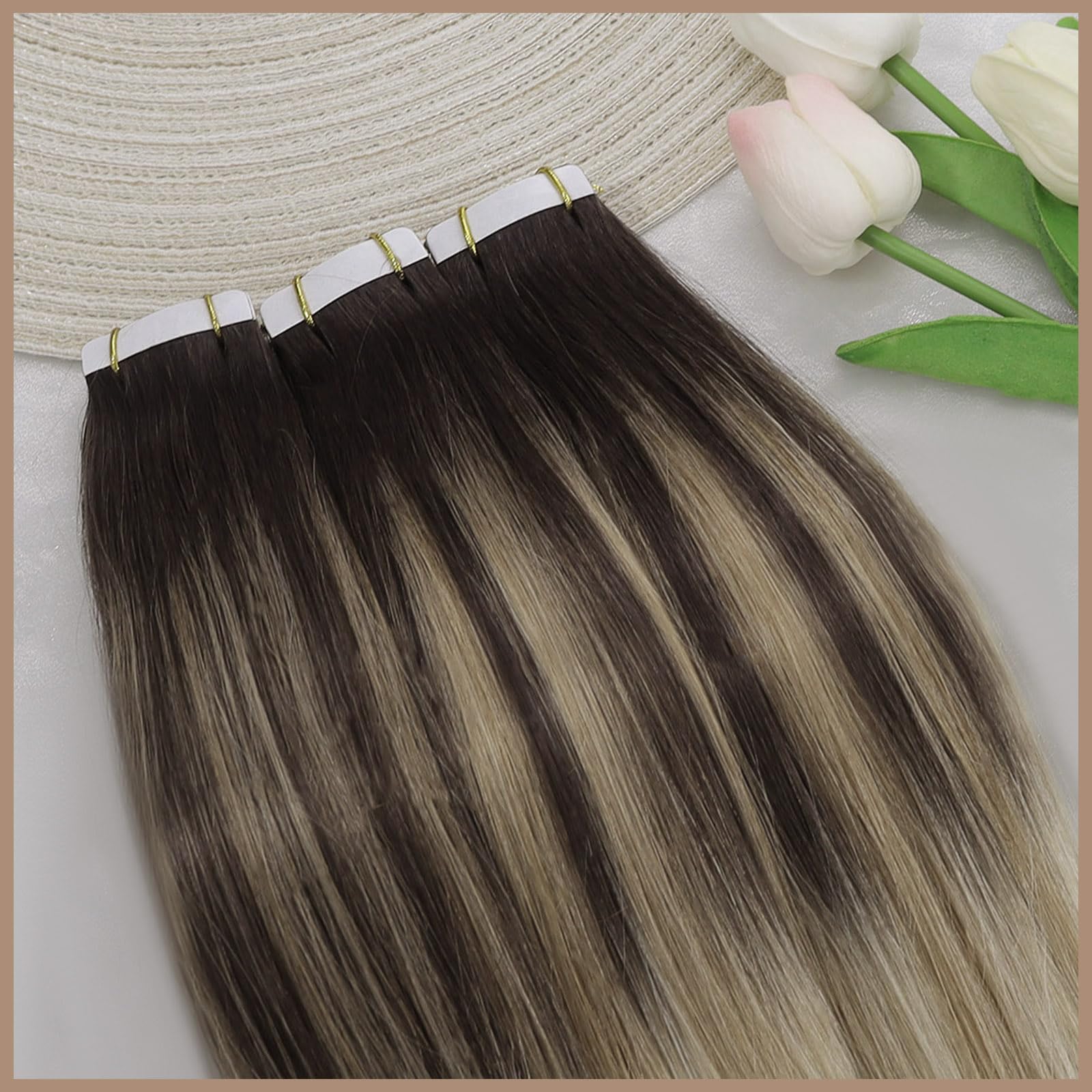 Ve Sunny Tape in Hair Extensions - 10pcs 20inch Human Hair Weft (Blonde, Dark Brown, Ombre, Golden Blonde, Ash Blonde) for Natural Volume & Length - Perfect for Daily Wear, Parties & Special Occasions