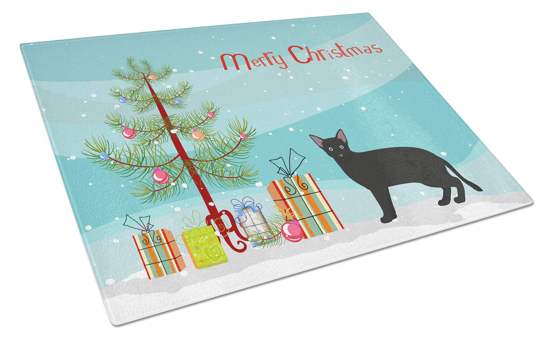 Russian White Black Cat Merry Christmas Glass Cutting Board - Large Decorative Tempered Glass Kitchen Cutting & Serving Board - Holiday Gift for Cat Lovers - Perfect for Christmas Decor & Entertaining