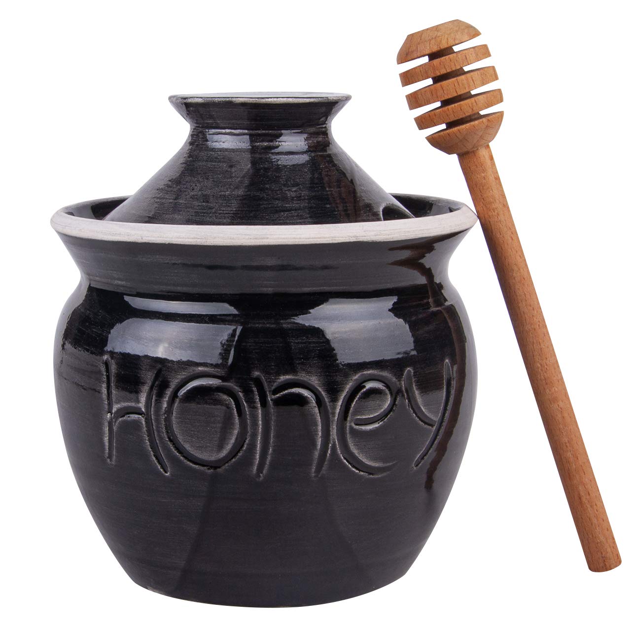 16oz Ceramic Honey Pot with Dipper - Rustic Winnie Honey Jar & Gift Bowl, Solid Clay Handcrafted for Honey Storage & Serving - Perfect for Kitchen, Tea Time & Farmhouse Decor (Black)