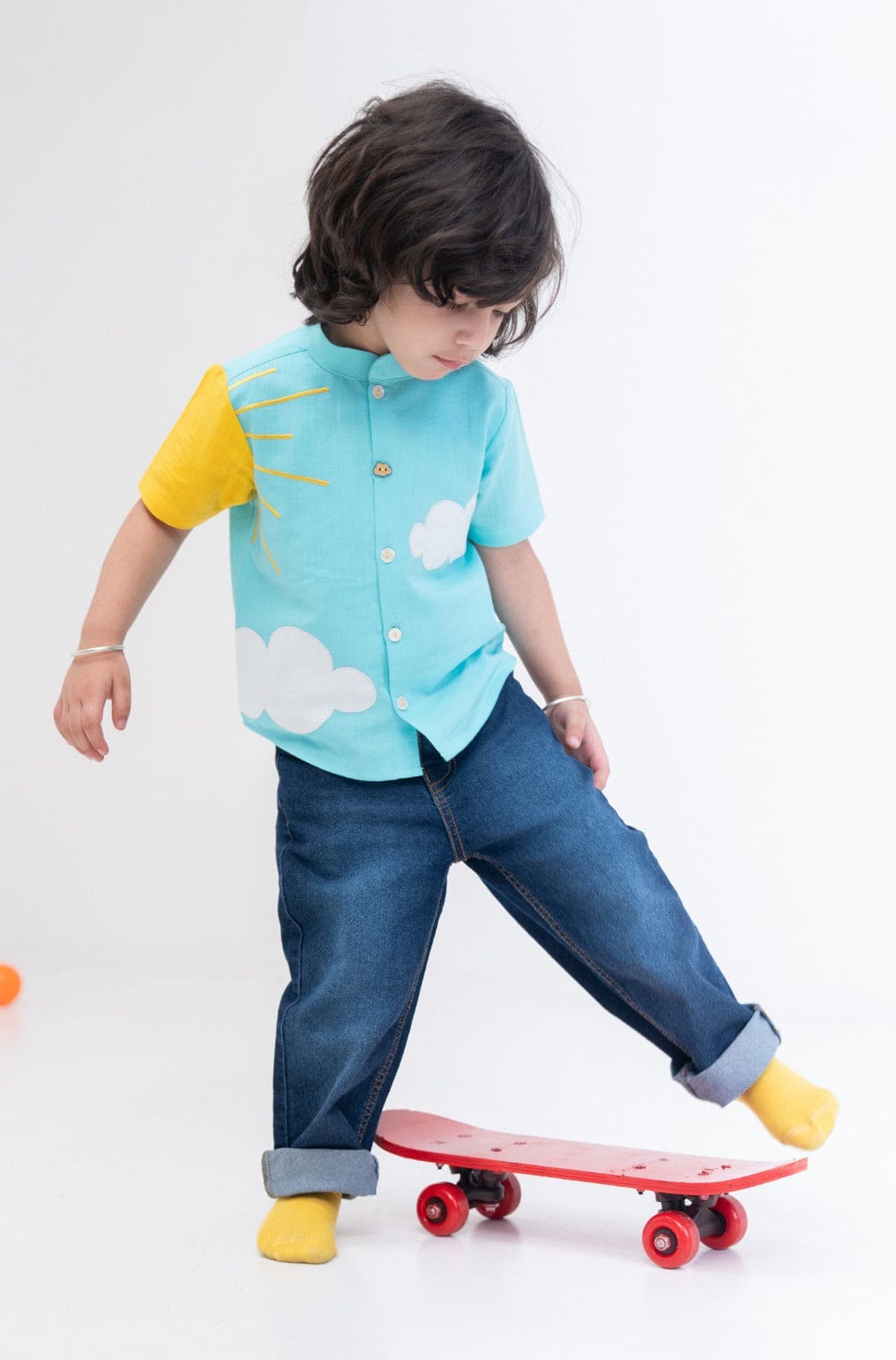 Pre Order: Boys' Cloudy Sun Print T-Shirt - Blue Casual Tee for Outdoor Play & Everyday Wear