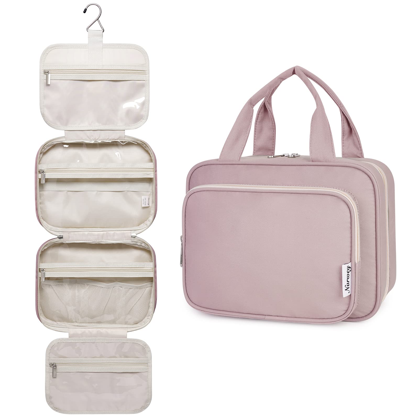 Narwey Hanging Toiletry Bag for Women - Travel Makeup Organizer with Multiple Pockets, Waterproof Cosmetic Bag for Toiletries & Travel Essentials (Dusty Rose, Medium) - Perfect for Vacation, Gym, Camping & Business Trips