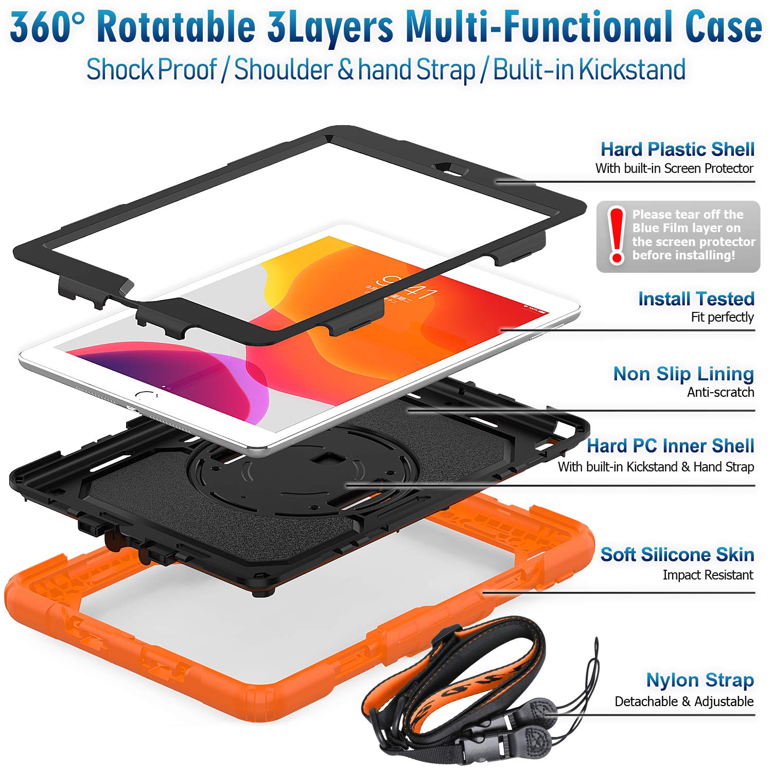 Timecity Rugged Protective Case for iPad 9th/8th/7th Generation 10.2 inch (2021/2020/2019 Models) - Shockproof Cover with Built-in Screen Protector, Rotating Stand, Hand/Shoulder Strap & Apple Pencil Holder - Black & Orange - Perfect for Travel, Work and School Use