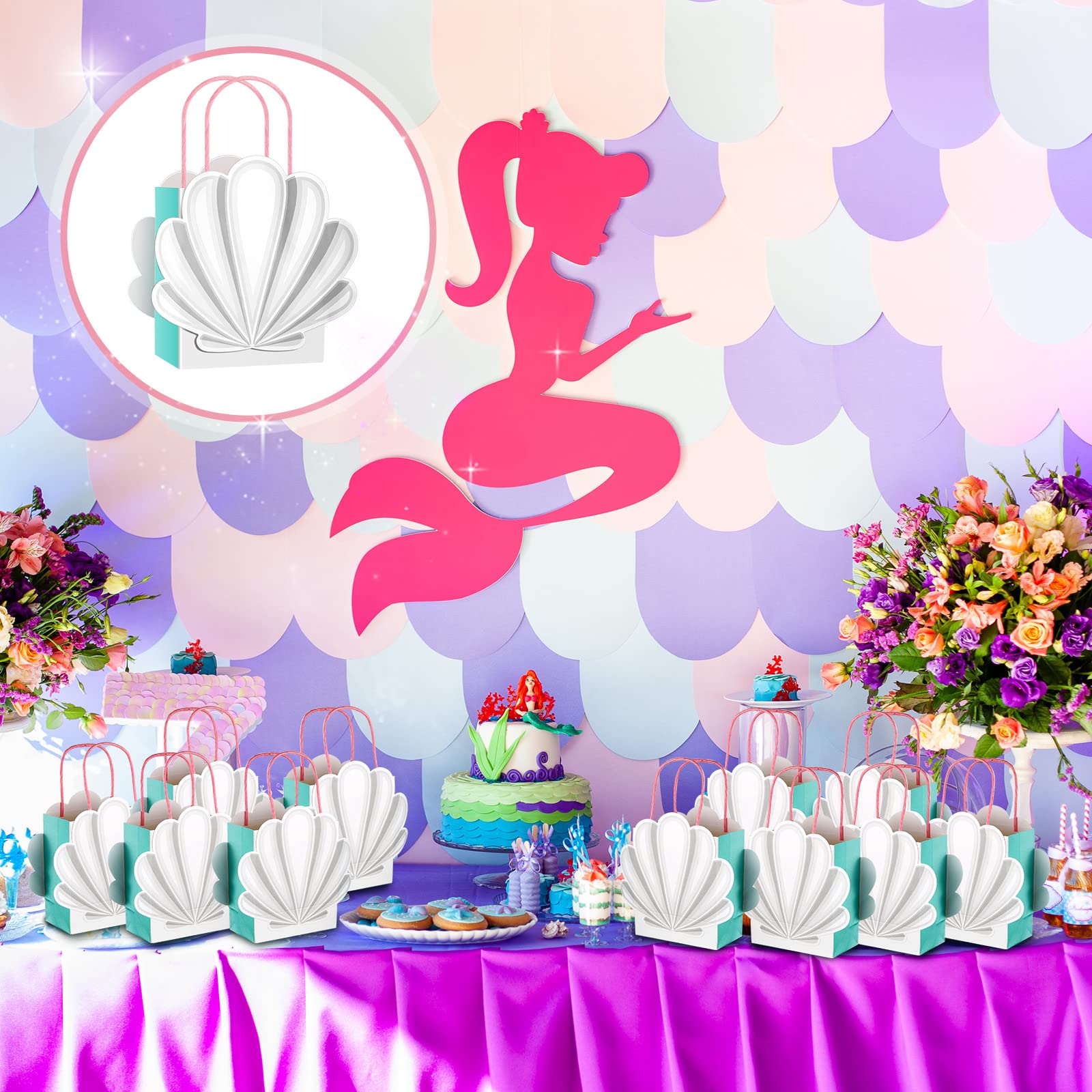 24 Pcs Mermaid Shell Gift Bags - White Mermaid Party Favor Bags for Candy & Treats - 5.91 x 5.12 x 2.76 Inch - Perfect for Ocean Themed Birthday Parties, Baby Showers & Under the Sea Events