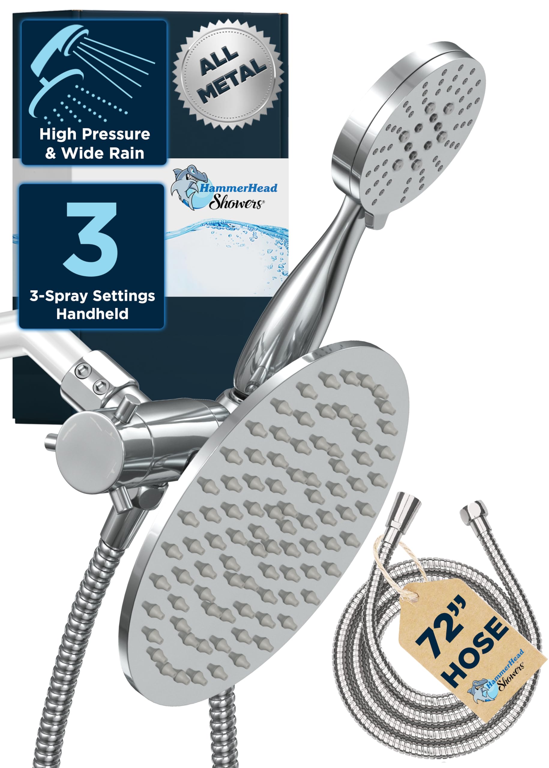 HammerHead Showers® ALL METAL Dual Shower Head Combo - 8 Inch Rainfall High Flow Shower Head & 3-Setting Handheld Shower with 6ft Hose - Chrome Finish - High Pressure for Luxurious Spa Experience - Perfect for Master Bathroom and Guest Bathroom Renovation