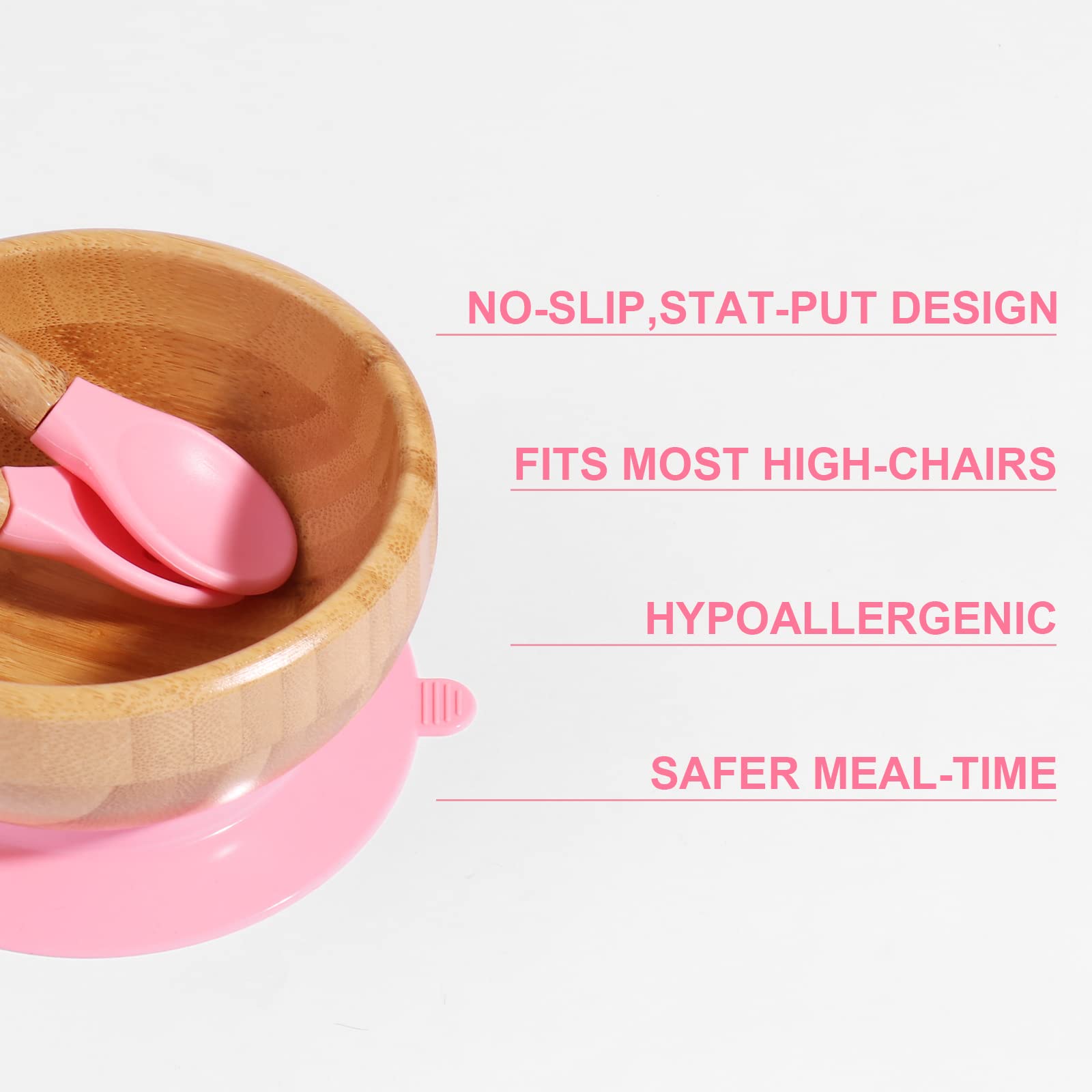 OXYEFEI Personalized Bamboo Baby Bowl with Detachable Suction Base & Silicone Spoons Set - BPA Free, Eco-Friendly Kids Feeding Bowl - Easy to Clean (Pink) - Perfect for Baby-Led Weaning, Toddler Mealtime & Travel Use