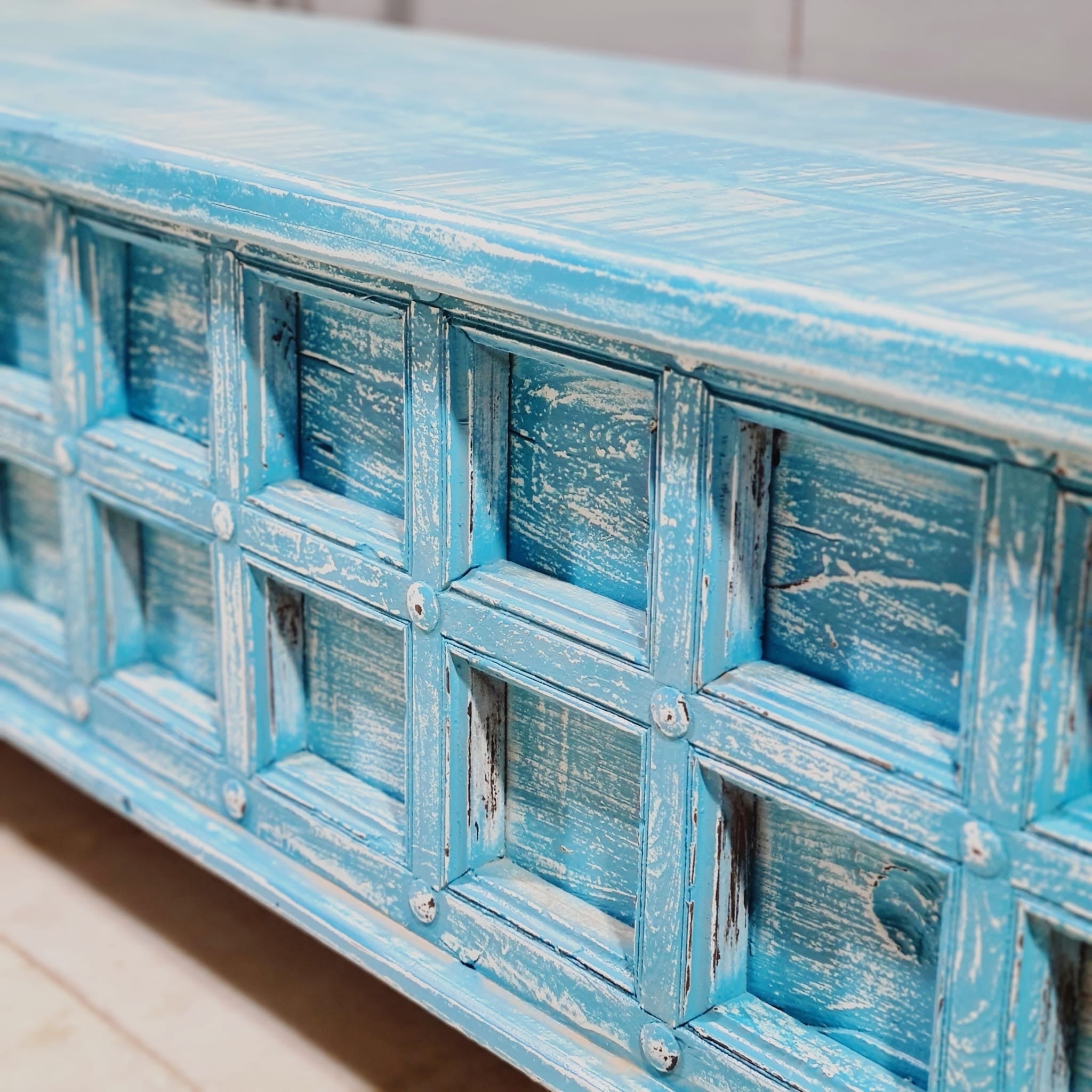 Handmade Carved Indian Solid Hardwood Blanket Chest - Rustic Blue Storage Box 55