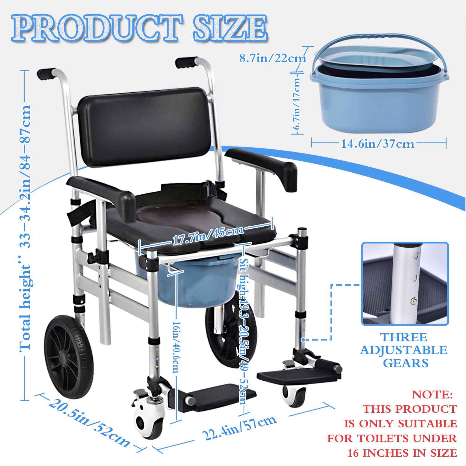 4-in-1 Adjustable Shower Wheelchair with Padded Seat, Detachable Bucket & Flip-Up Footrest - Folding Commode Chair for Elderly & Disabled (Black) | Bathroom Safety, Bedside Toilet & Mobility Aid for Home Care