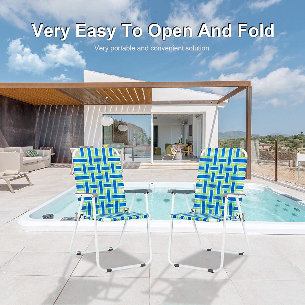 2 Pack Heavy Duty Camping Chairs for Adults - Portable Folding Lawn Chairs with Cup Holder, Webbed Design for Patio, Deck, Beach, Backyard, Poolside & Outdoor Use (Blue) - Perfect for Picnics, BBQs, Concerts and Camping Trips