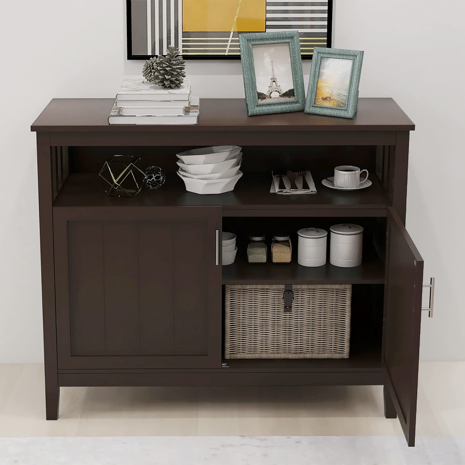 Goujxcy 40in Brown Kitchen Storage Sideboard with 2 Doors, Adjustable Shelf, Free Standing Buffet Cabinet for Dining Room, Living Room, and Home Office Organization