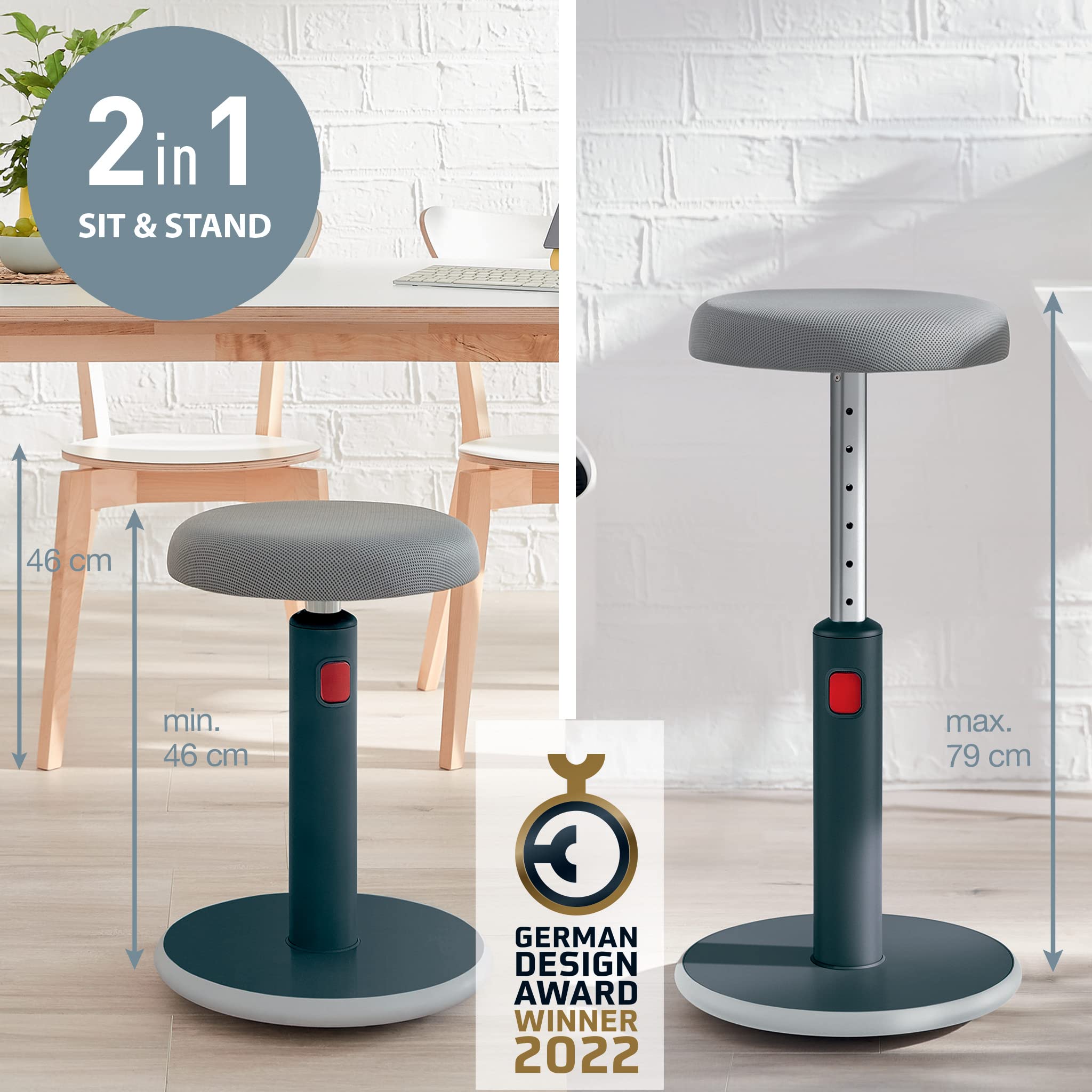 Leitz Active Sit Stand Stool - Adjustable Ergonomic Office Chair (46cm to 79cm Height) with Wobble & Swivel Base, Velvet Grey - Perfect for Home Office, Standing Desks & Workspaces