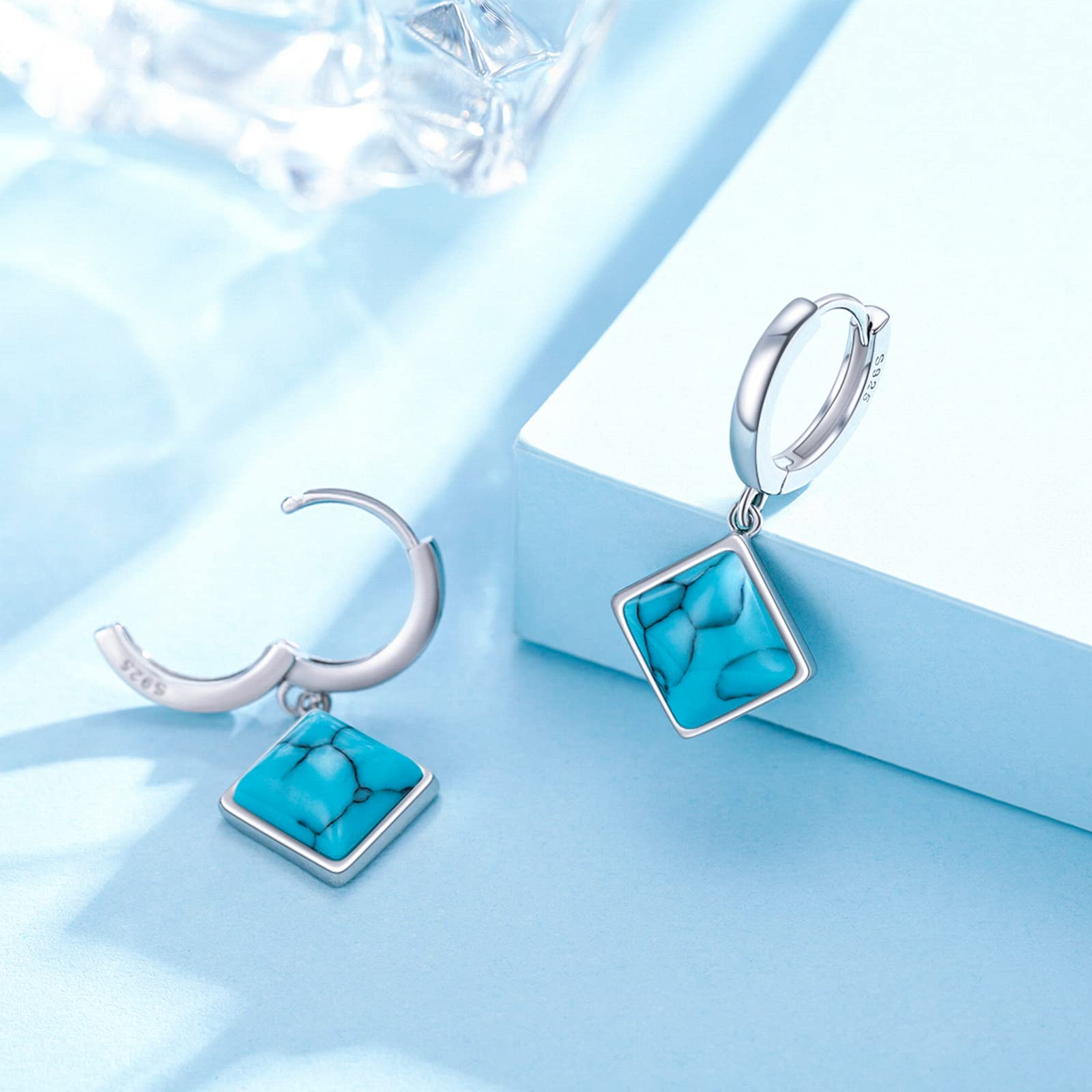 Turquoise Dangle Earrings for Women - S925 Sterling Silver Rectangle Leverback Gemstone Jewelry | Boho Chic Accessories for Parties, Weddings & Everyday Wear