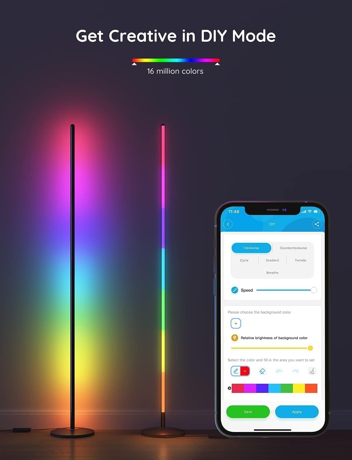 Govee RGBIC Smart LED Floor Lamp - 61 Scene Modes, Music Sync, Modern Corner Standing Lamp for Living Room & Bedroom | Mood Lighting, Home Decor, Gaming Setup