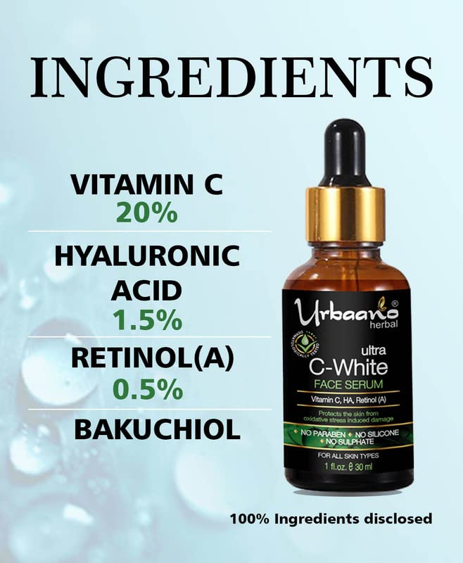Urbaano Herbal Ultra White Vitamin C Serum - Brightening, Pigmentation & Dark Spot Corrector, Hydrating Facial Serum 30ml for Glowing Skin - Perfect for Daily Skincare & Anti-Aging Routine
