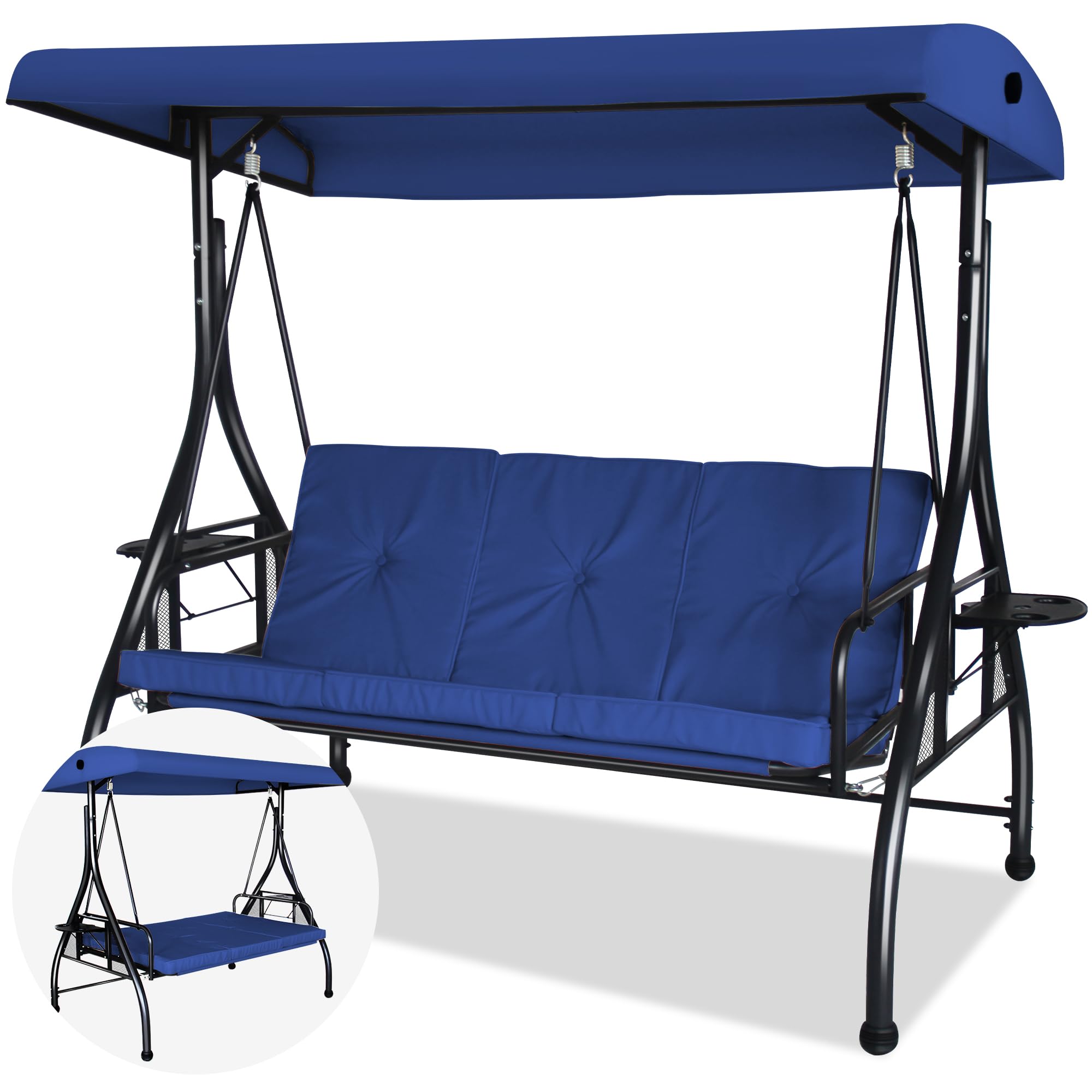 COVERONICS 3-Seat Outdoor Porch Swing with Convertible Canopy - Adjustable Shade & Removable Cushions - Navy Blue Patio Lounge Chair for Deck, Backyard, Poolside - Perfect for Relaxing, Sunbathing & Outdoor Entertaining