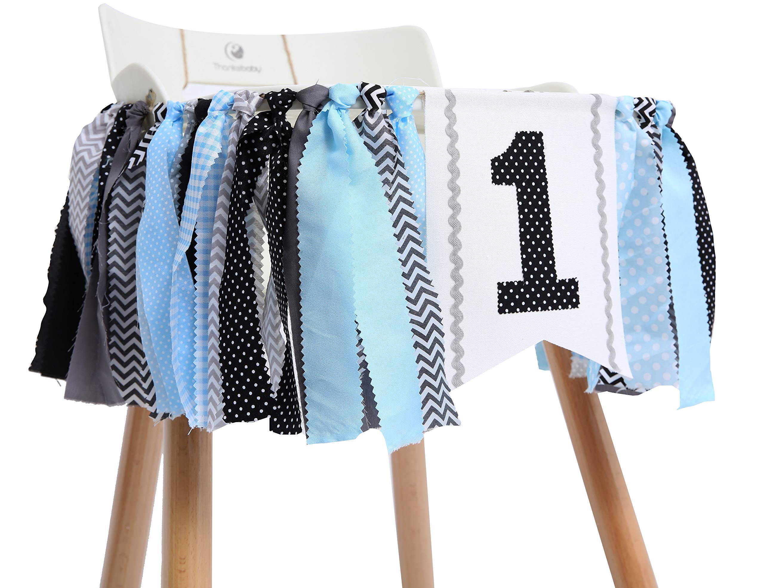 WAOUH 1st Birthday High Chair Banner - First Birthday Party Decorations, Rag Tie Fabric Garland, Photo Booth Props, Birthday Souvenir & Gifts (Black Blue) - Perfect for Baby's Milestone Celebration & Photo Shoots