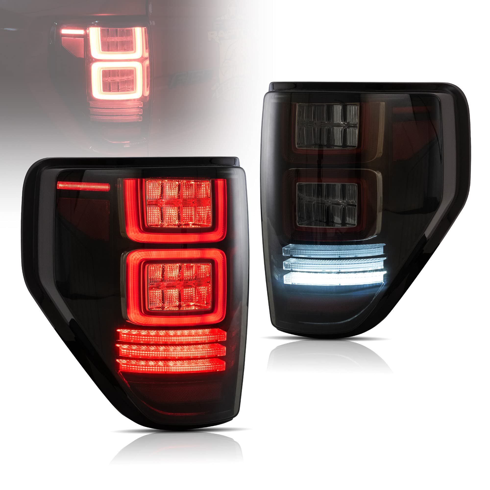 VLAND LED Smoked Taillights for 2009-2014 Ford F150 - Red Turn Signal, Running Lights, Brake Lights & Side Marker with White Reverse Lights (Excludes Flareside Models) | Perfect for Truck Upgrades & Night Driving Safety