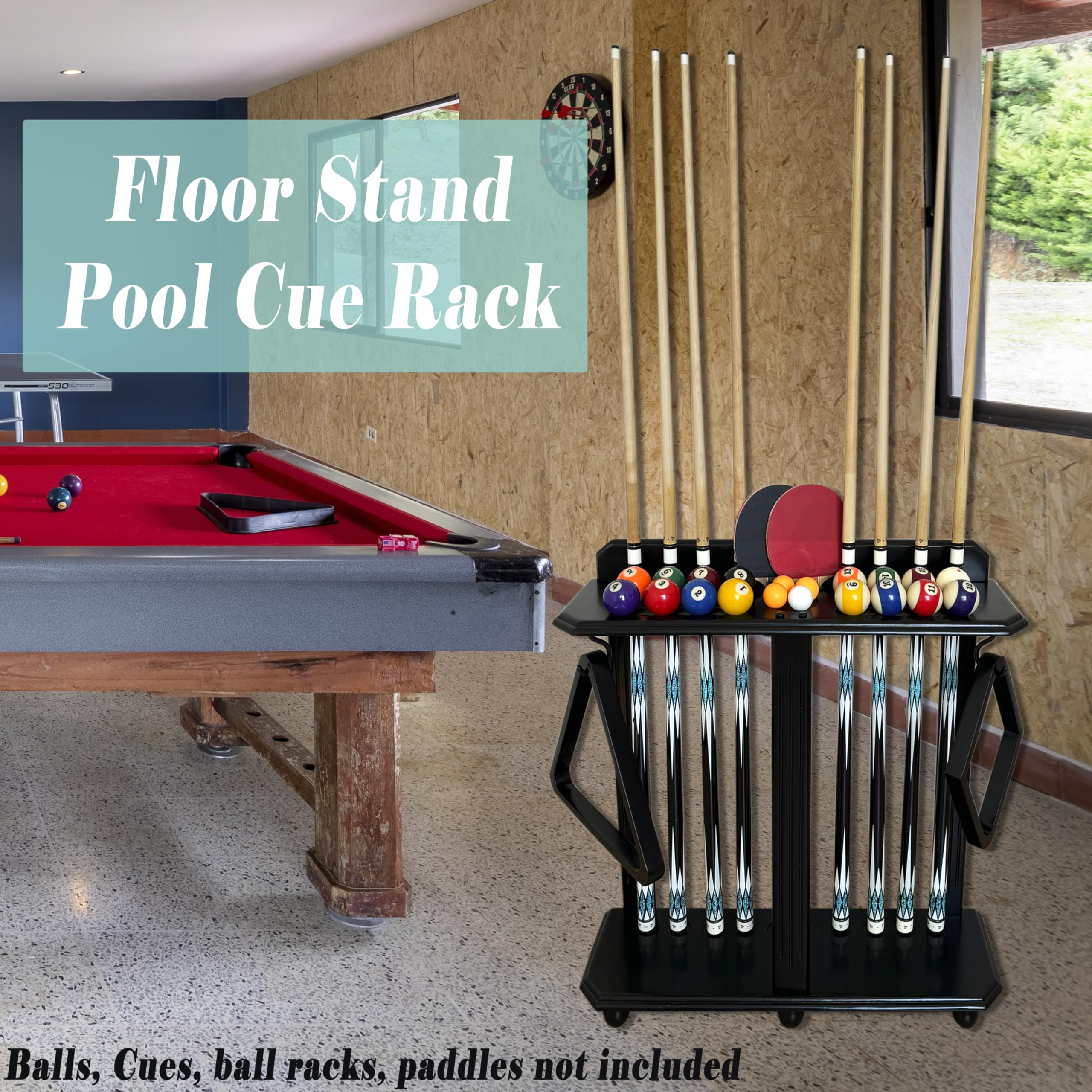 Premium Wooden Billiard Cue Rack - Holds 10 Pool Cue Sticks, Durable Floor Standing Pool Cue Holder for Billiard Game Room & Home Bar (Black) - Perfect for Organizing Cues in Game Rooms, Bars, and Man Caves