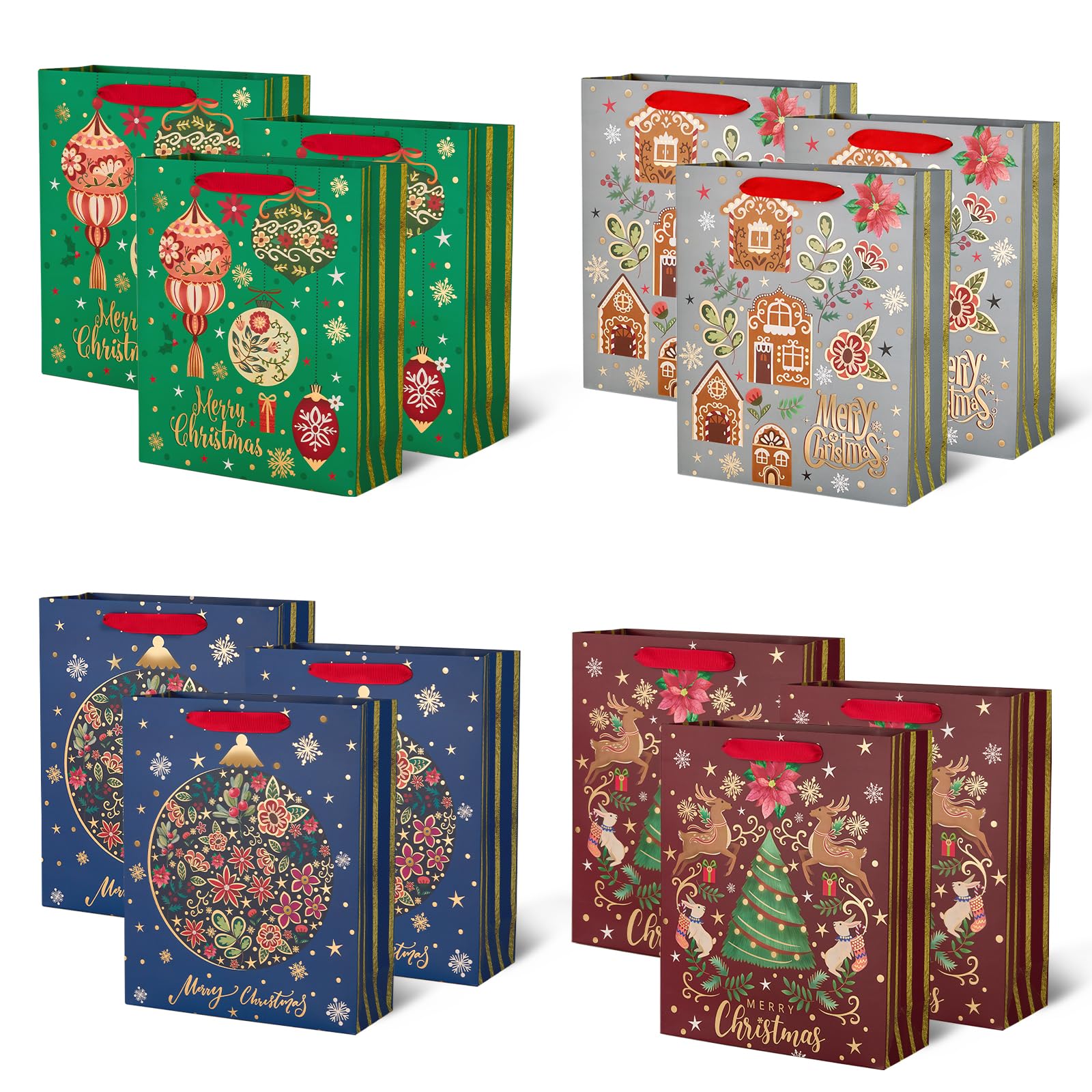 12Pcs Red Green Metallic Gold Christmas Gift Bags Bulk - Large 12.5x10.5 Inch Holiday Gift Wrap Bags with Gilded Xmas Tree, Gingerbread & Reindeer Designs - Foiled Mistletoe Favor Bags for Christmas, New Year, Office Parties & Holiday Gift Exchanges