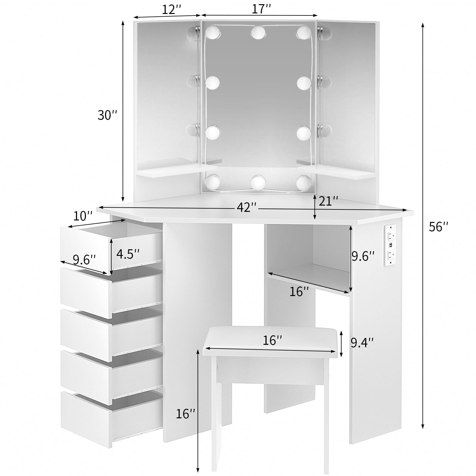 VOWNER Lighted Vanity Desk with Power Outlet & Stool - Adjustable 3-Color LED Mirror with Brightness Control, 5 Sliding Drawers & Storage Shelves - White Makeup Dressing Table for Bedroom, Home Salon & Beauty Room Organization